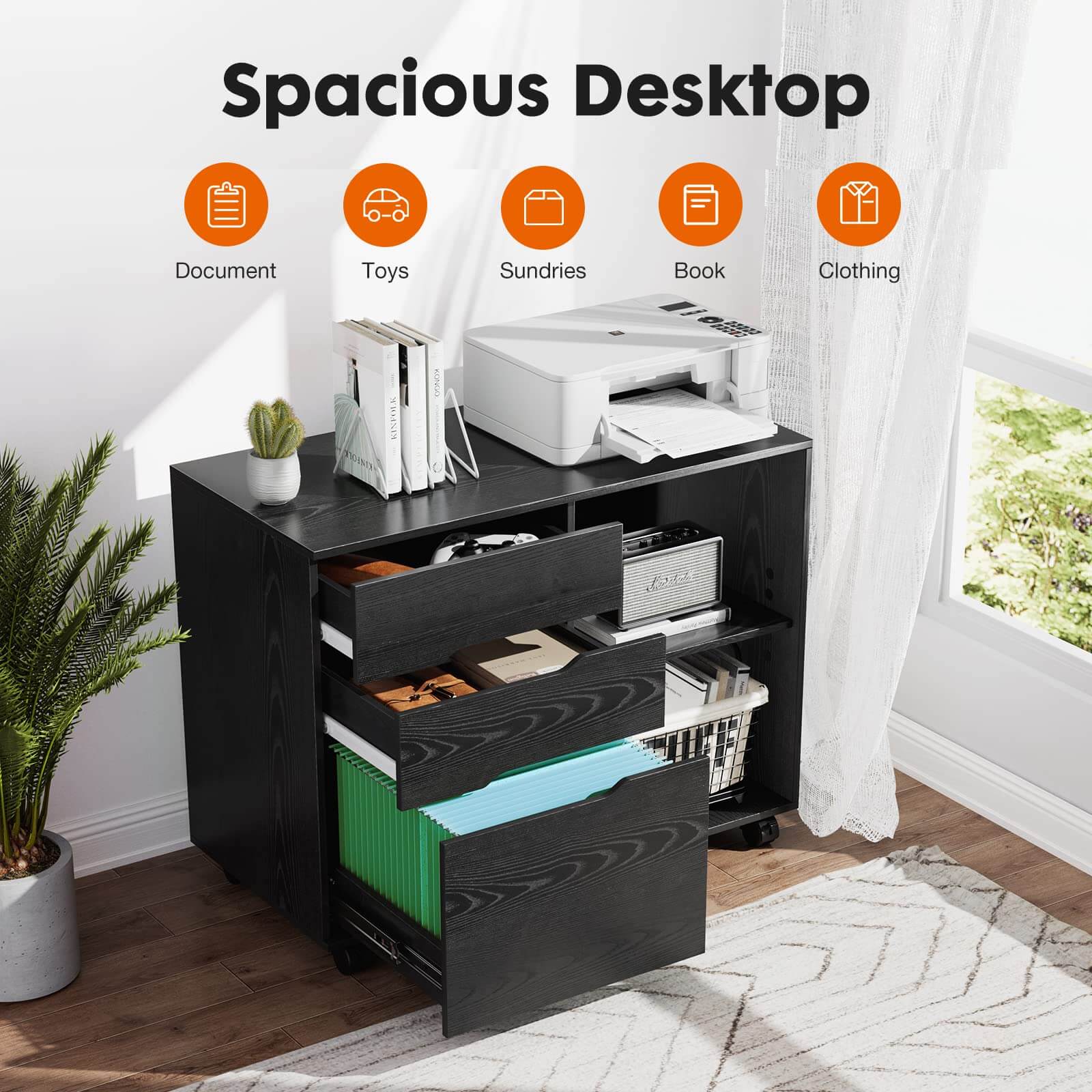 Mobile 3-Drawer Filing Cabinet with Lockable Casters for Office Home Storage