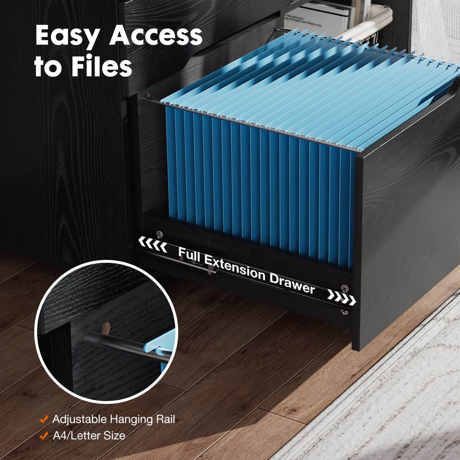 Mobile 3-Drawer Filing Cabinet with Lockable Casters for Office Home Storage