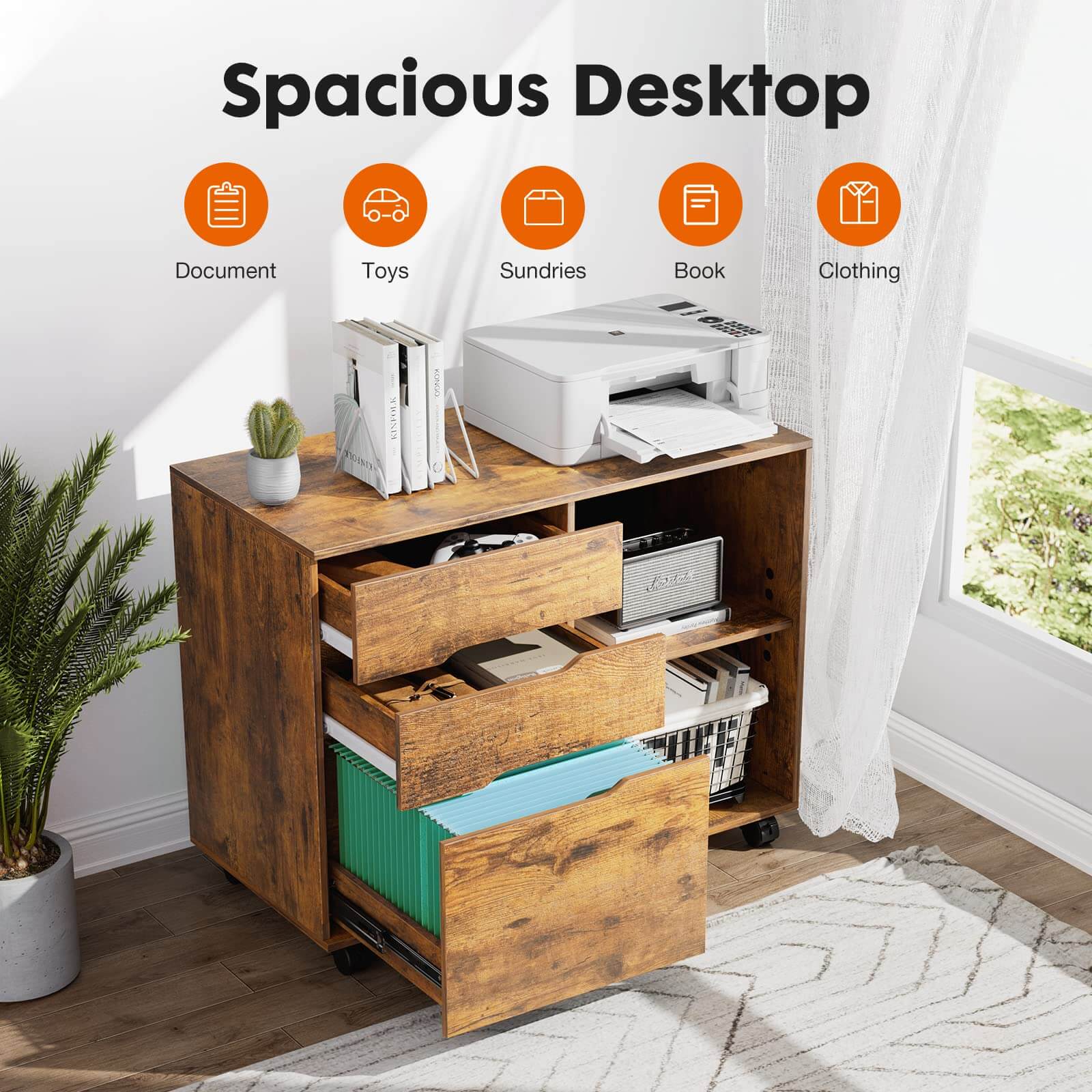 Mobile 3-Drawer Filing Cabinet with Lockable Casters for Office Home Storage