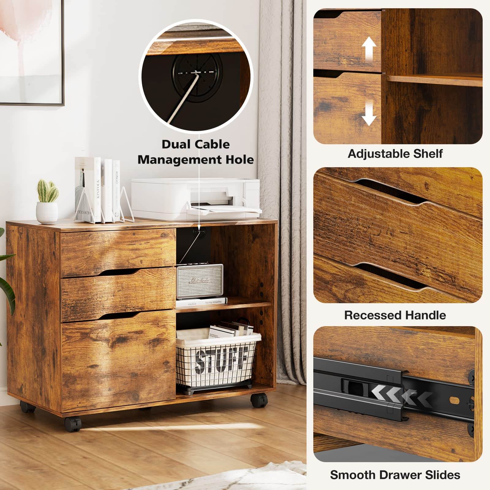 Mobile 3-Drawer Filing Cabinet with Lockable Casters for Office Home Storage