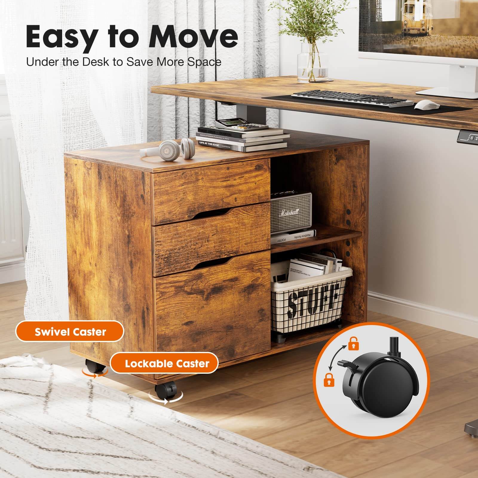Mobile 3-Drawer Filing Cabinet with Lockable Casters for Office Home Storage