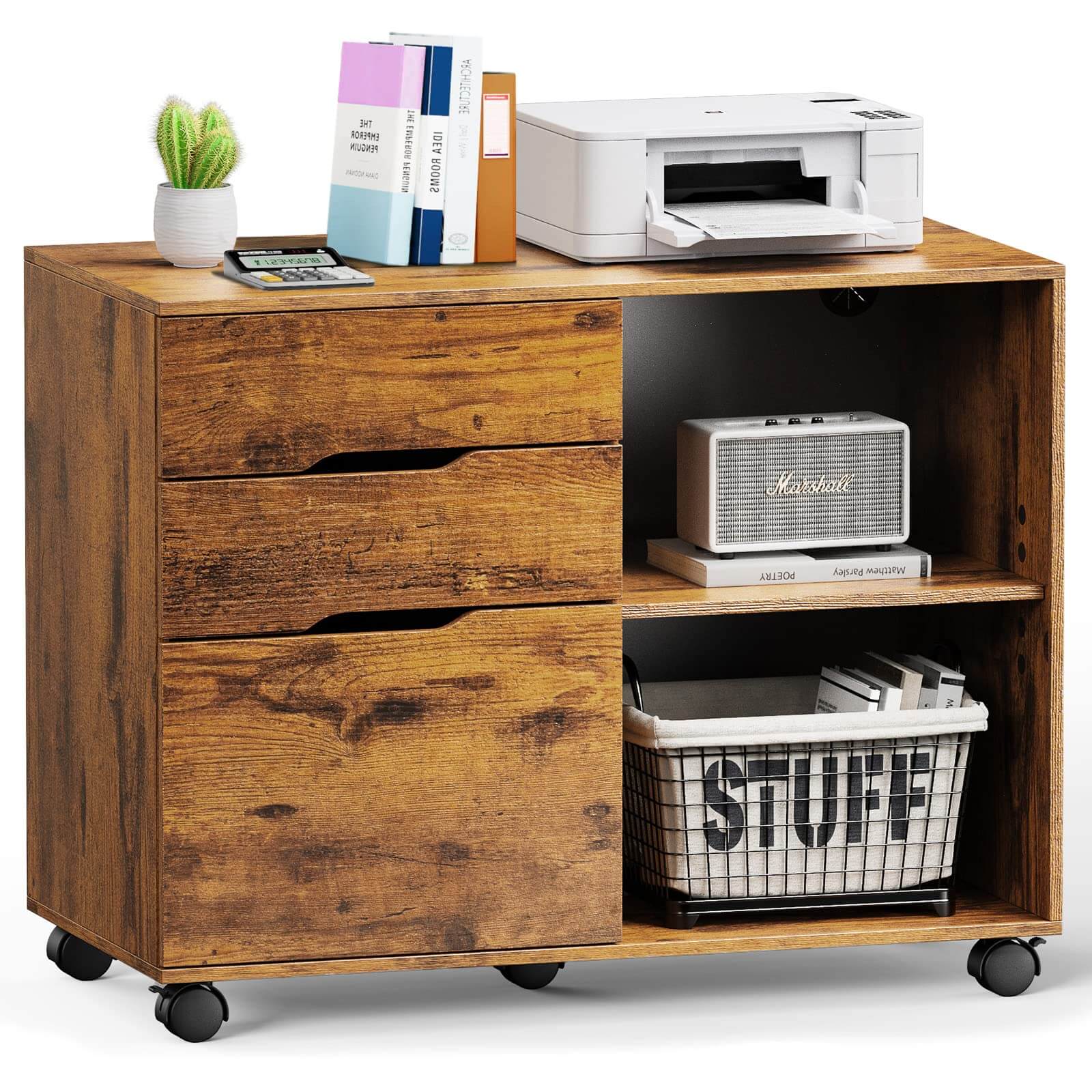 Mobile 3-Drawer Filing Cabinet with Lockable Casters for Office Home Storage