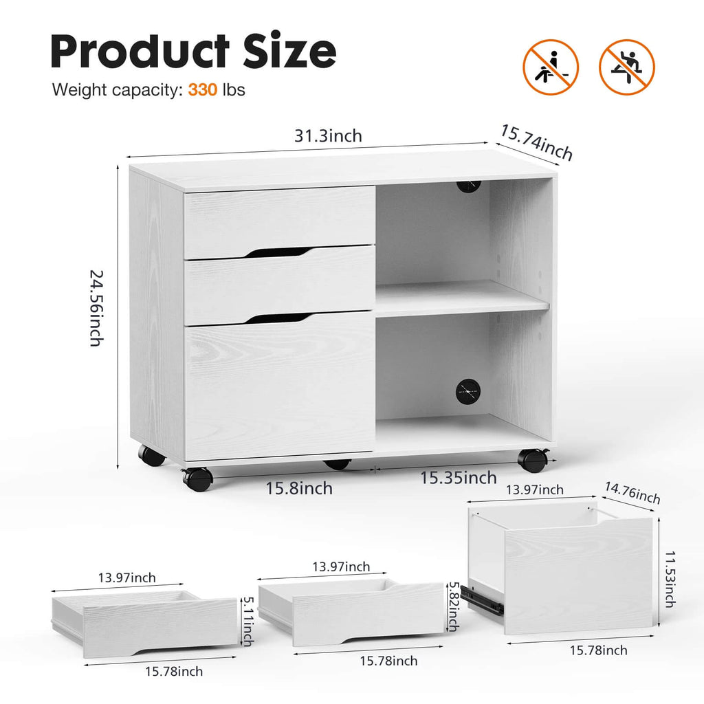 Mobile 3-Drawer Filing Cabinet with Lockable Casters for Office Home Storage