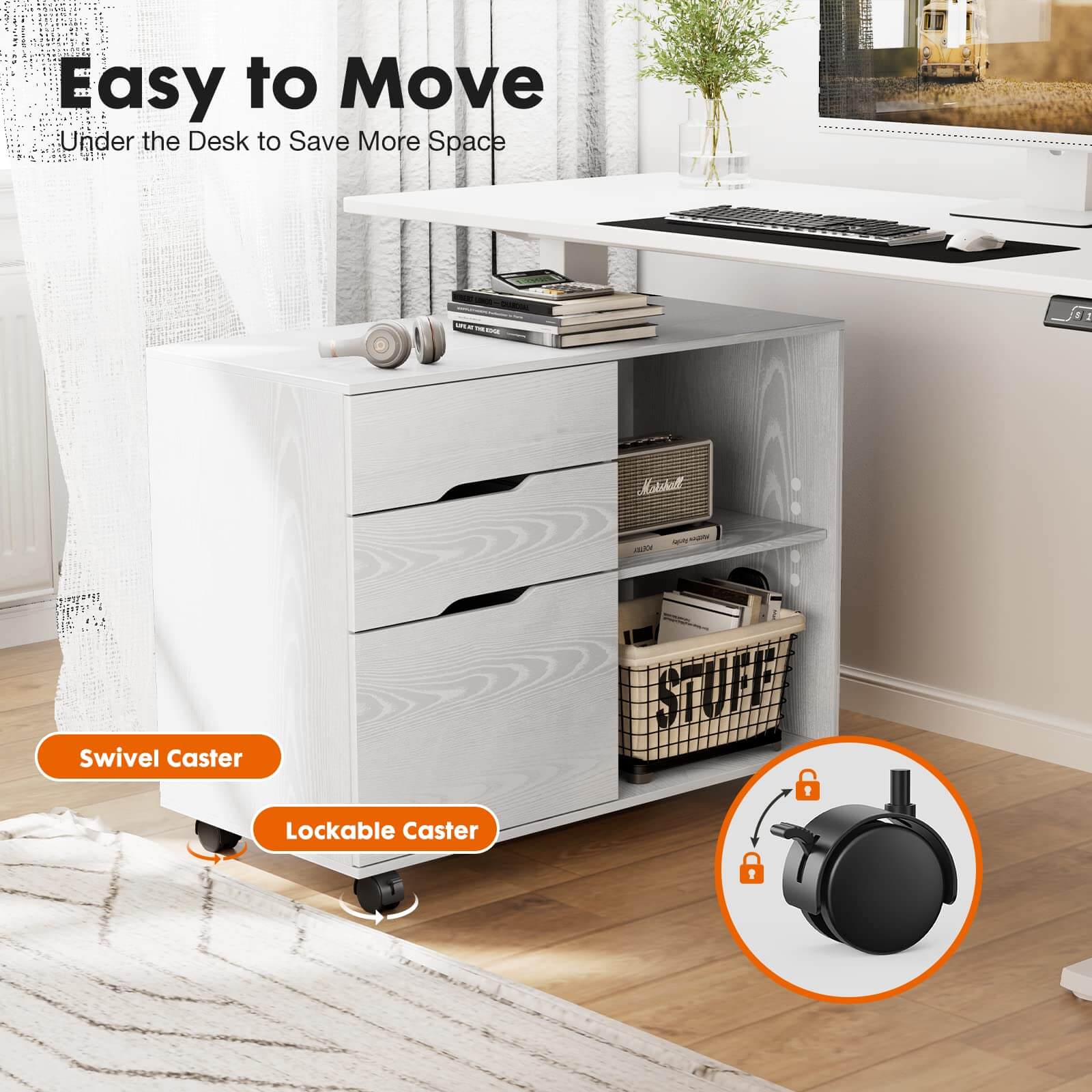 Mobile 3-Drawer Filing Cabinet with Lockable Casters for Office Home Storage