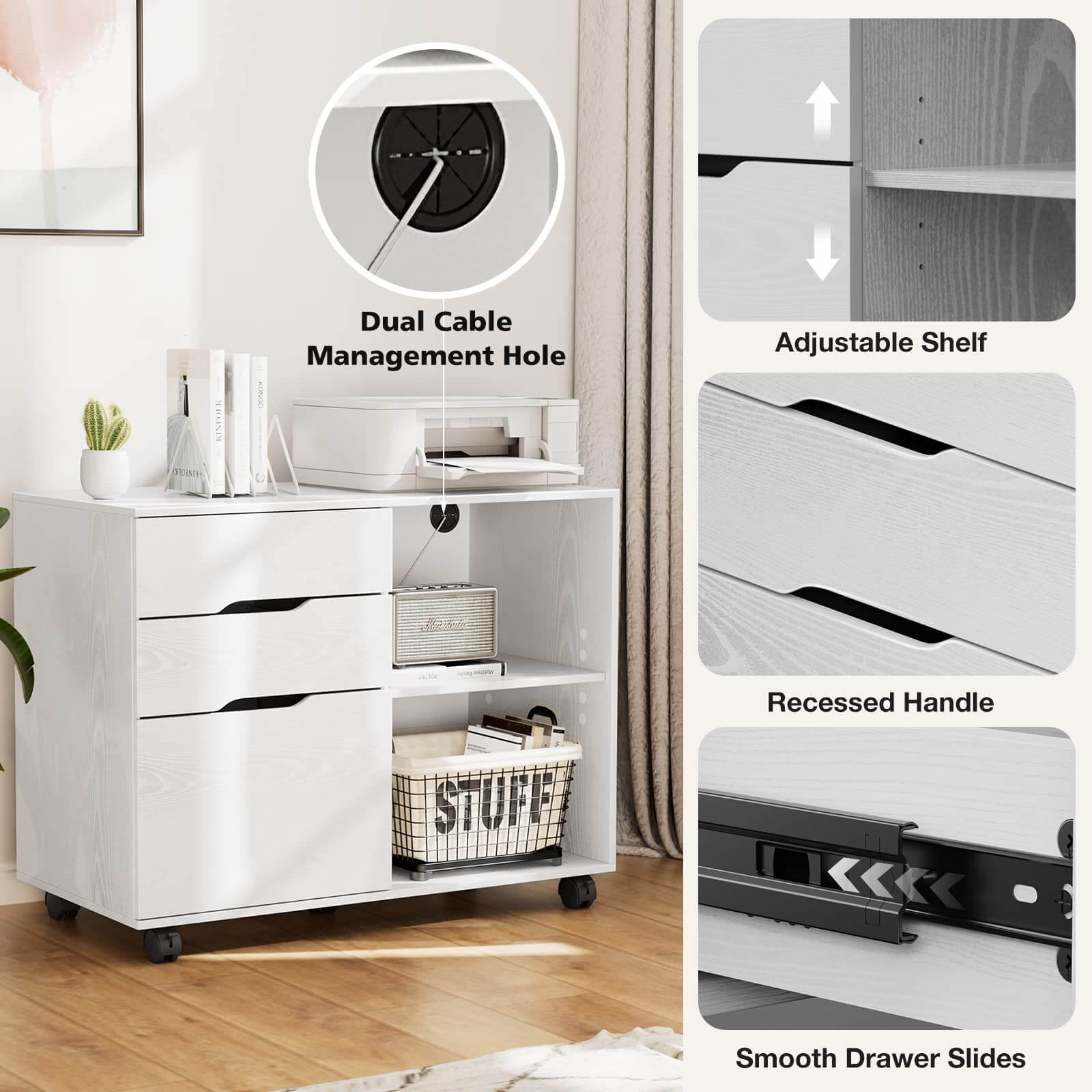 Mobile 3-Drawer Filing Cabinet with Lockable Casters for Office Home Storage