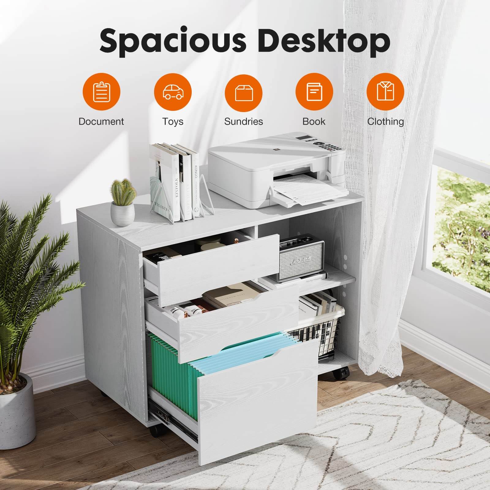 Mobile 3-Drawer Filing Cabinet with Lockable Casters for Office Home Storage