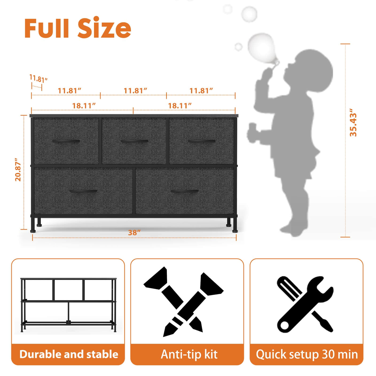 38-inch Metal Frame Storage Chest Dresser with Fabric Drawers