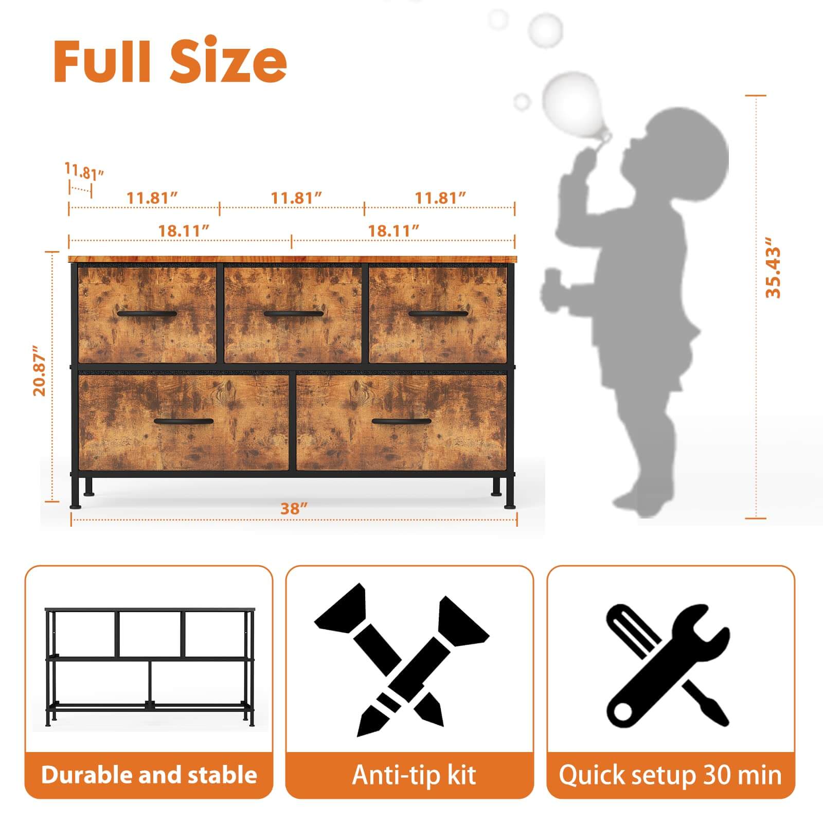 38-inch Metal Frame Storage Chest Dresser with Fabric Drawers