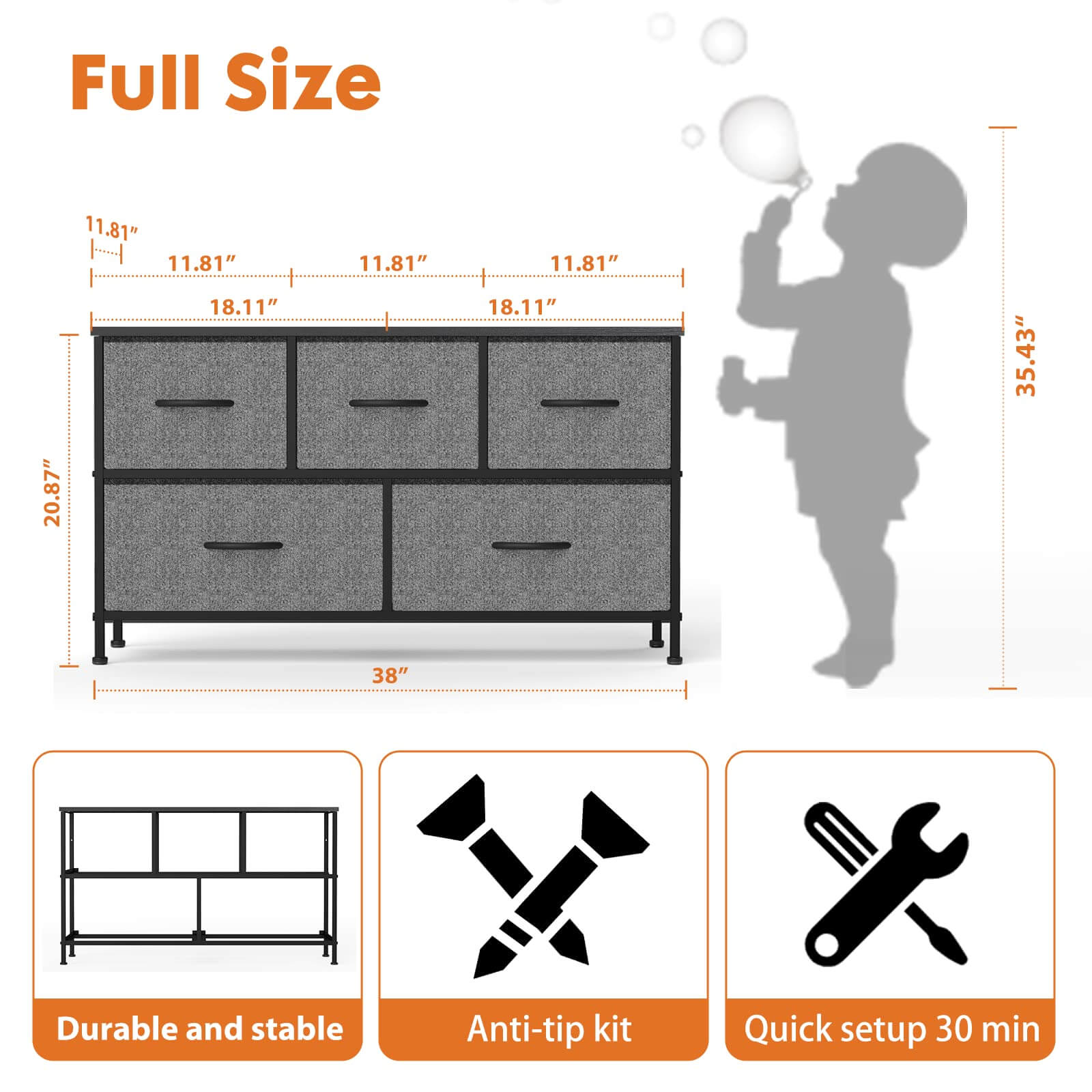 38-inch Metal Frame Storage Chest Dresser with Fabric Drawers