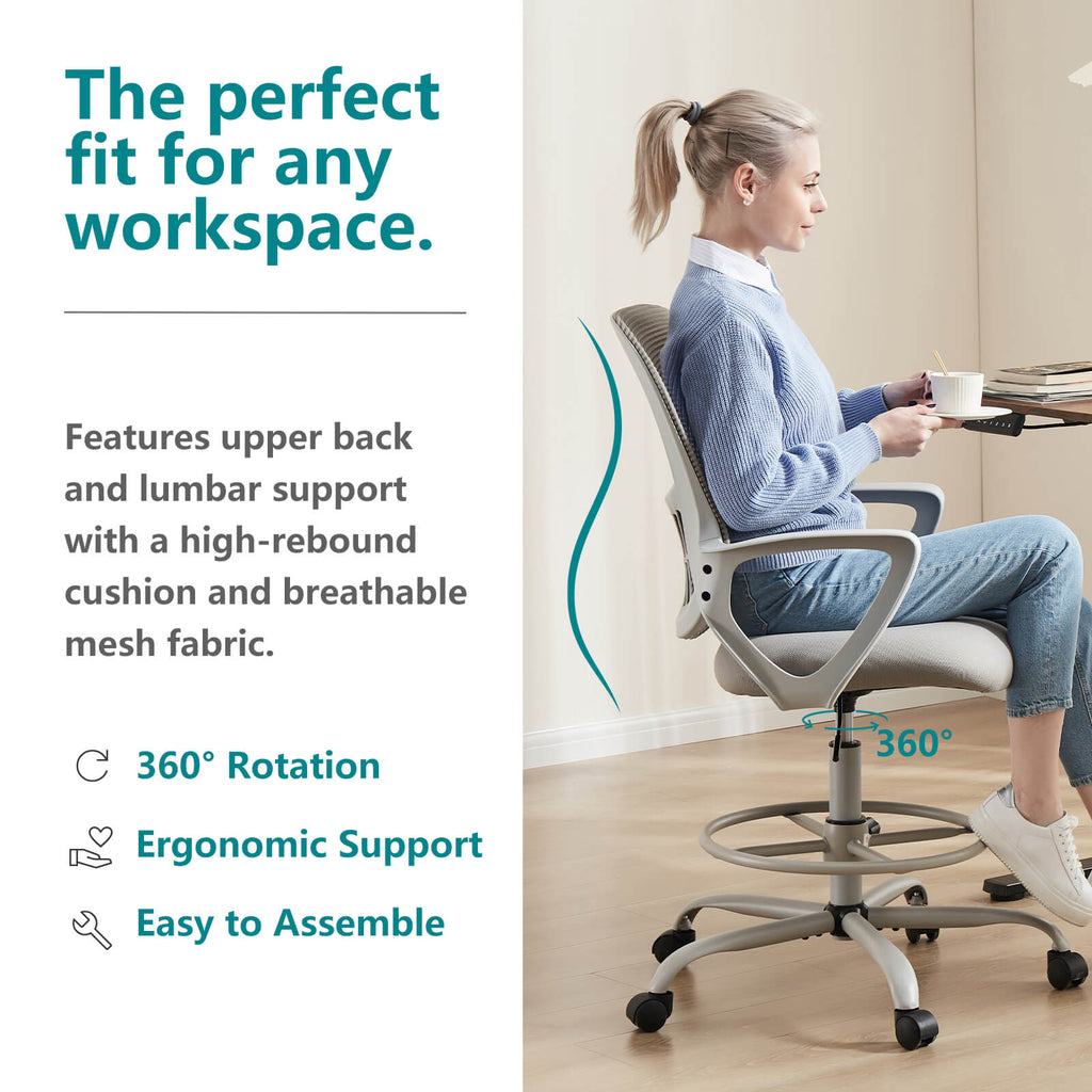 Ergonomic Tall Drafting Office Chair with Adjustable Footrest and Lumbar Support