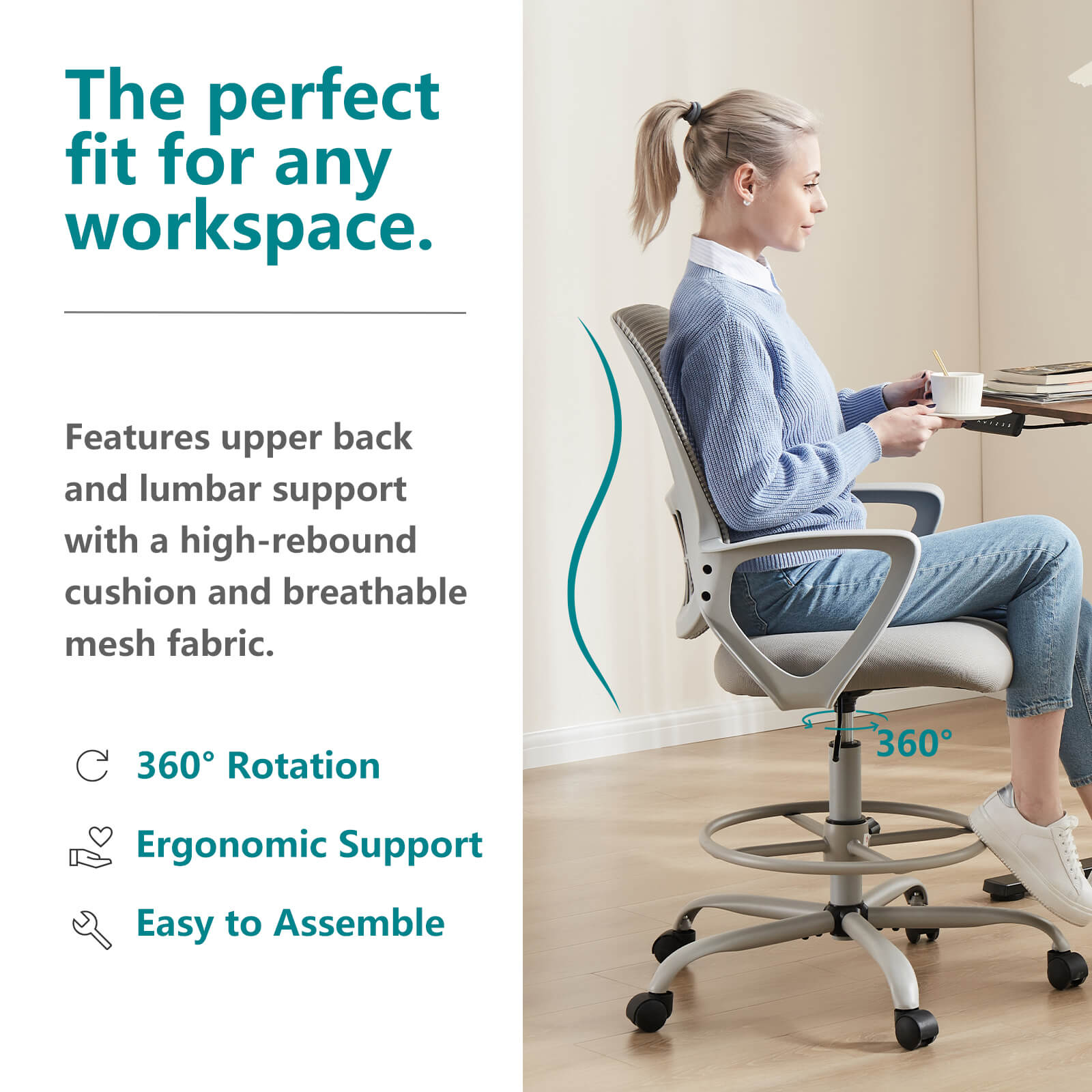 Ergonomic Tall Drafting Office Chair with Adjustable Footrest and Lumbar Support