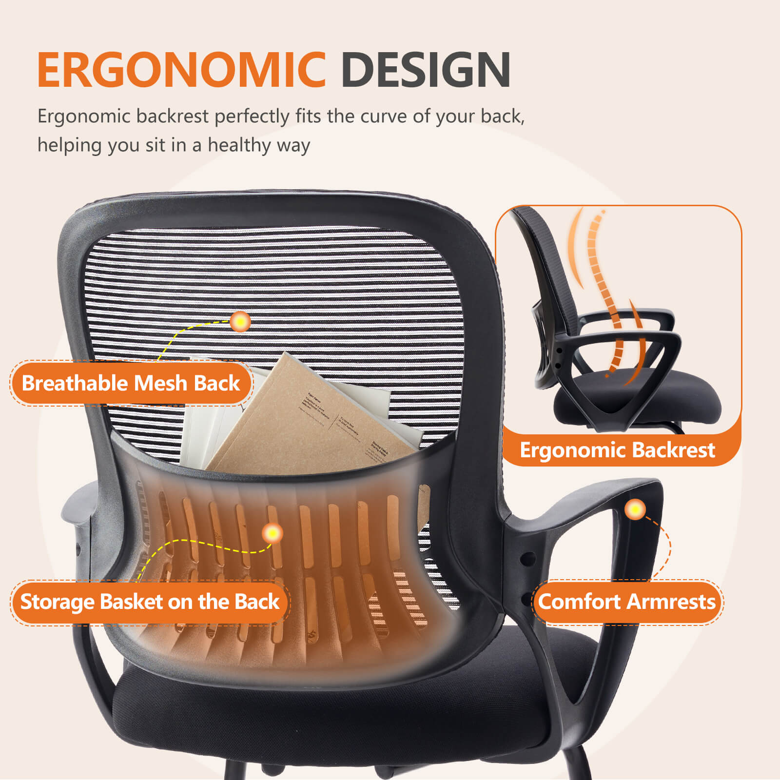 Comfortable Ergonomic Mesh Office Chair with Lumbar Support and Integrated Storage Basket