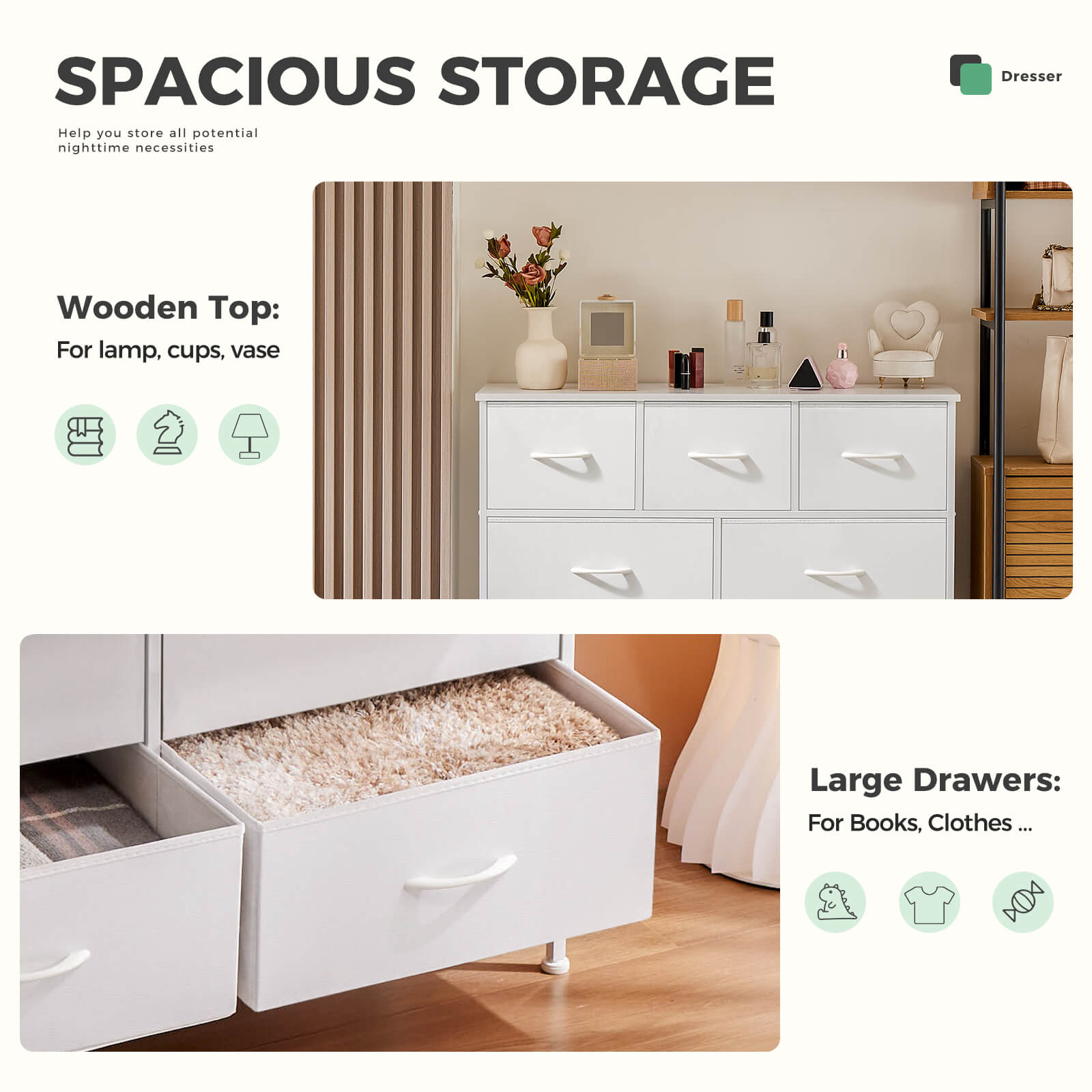 Versatile Wooden Top Dresser with 7 Fabric Drawers for Bedroom and Living Room Storage