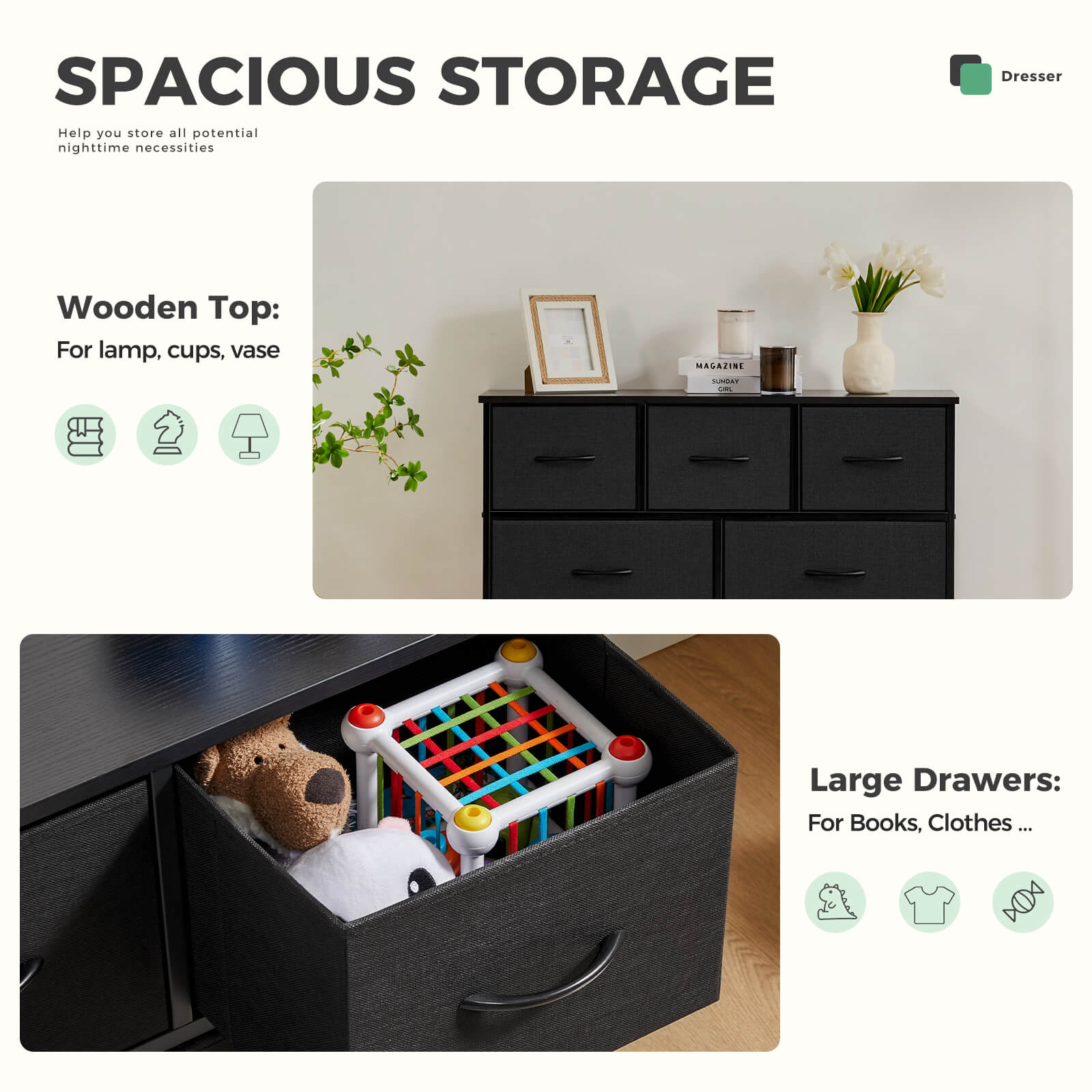 Versatile Wooden Top Dresser with 7 Fabric Drawers for Bedroom and Living Room Storage