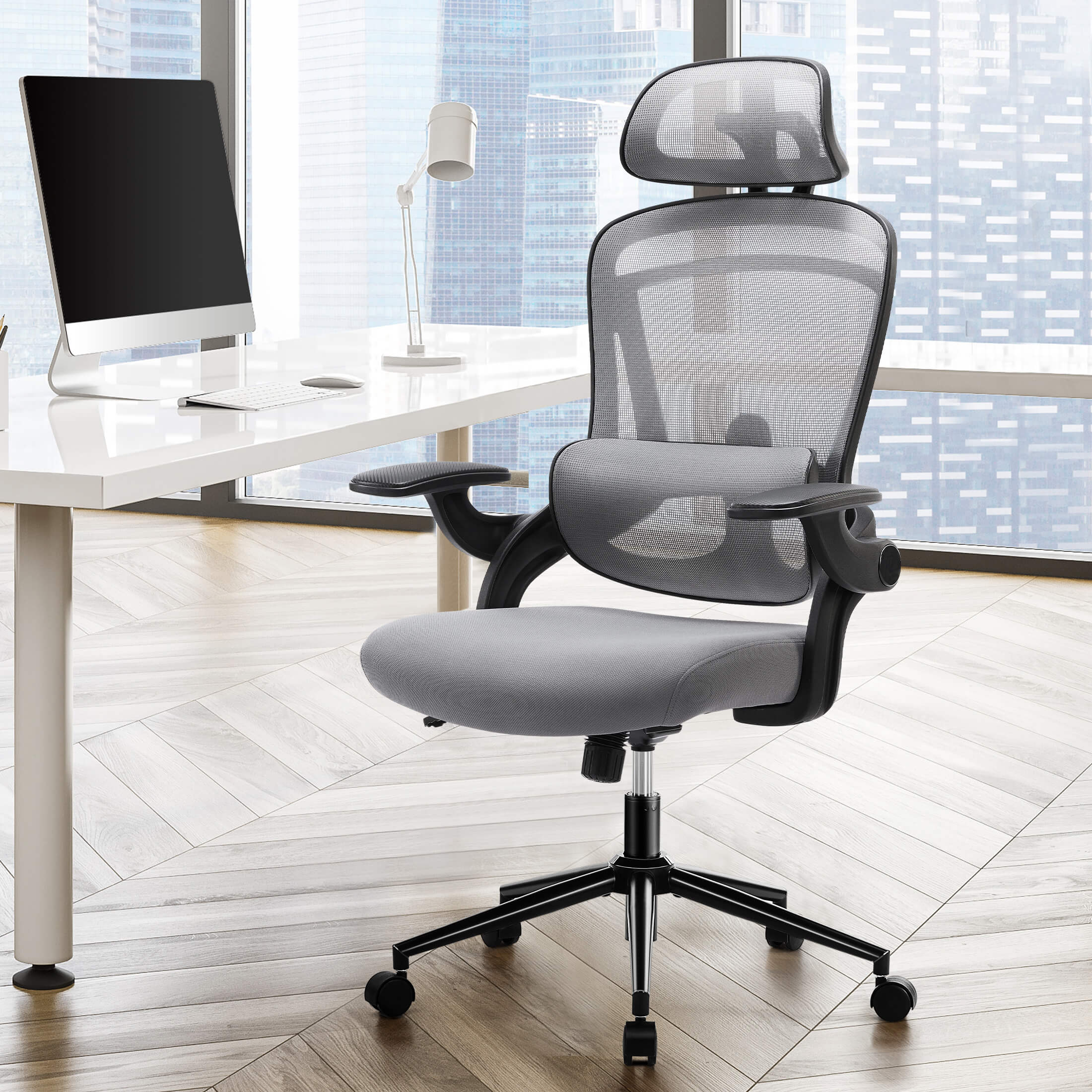 Ergonomic Office Chair with Adjustable Lumbar Support, Flip-Up Armrests, Breathable Mesh