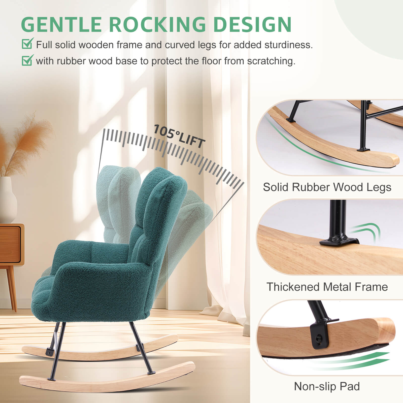Comfortable Ergonomic Upholstered Rocking Chair for Nursery, Living Room, Baby Feeding