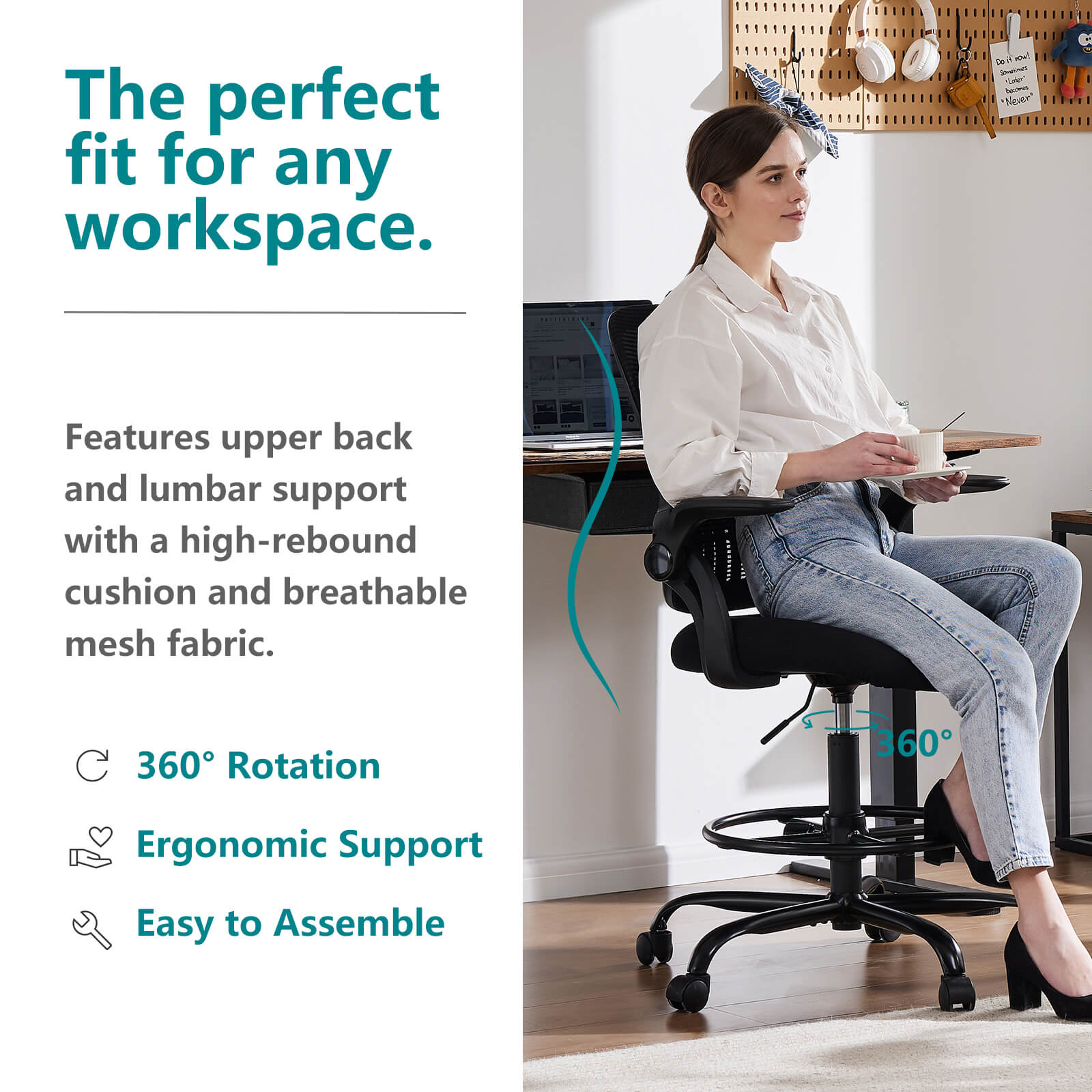 Comfortable Ergonomic Office Chair with Flip-Up Armrests and Adjustable Lumbar Support