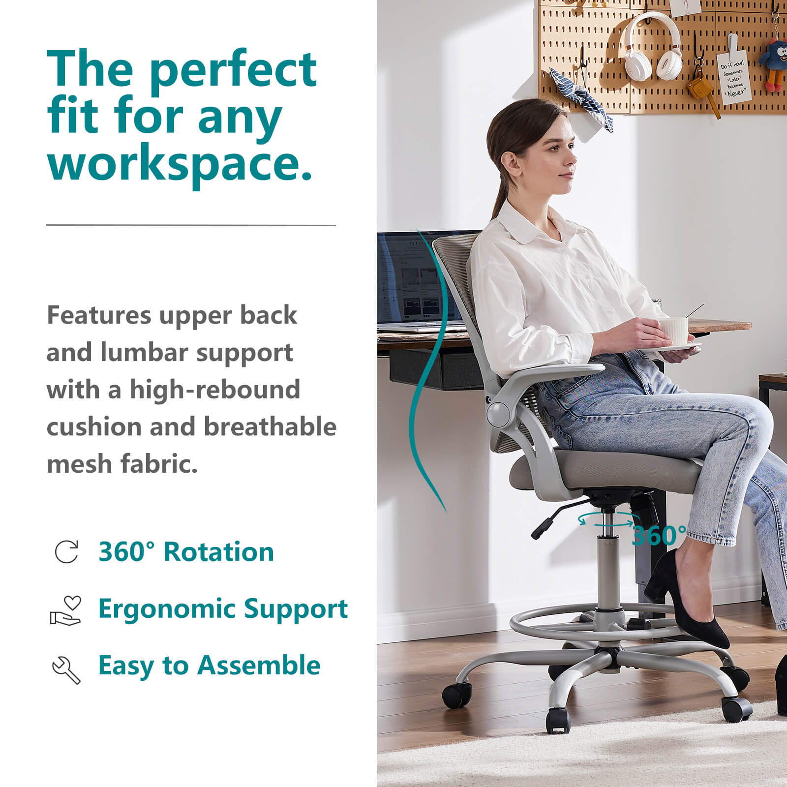 Comfortable Ergonomic Office Chair with Flip-Up Armrests and Adjustable Lumbar Support