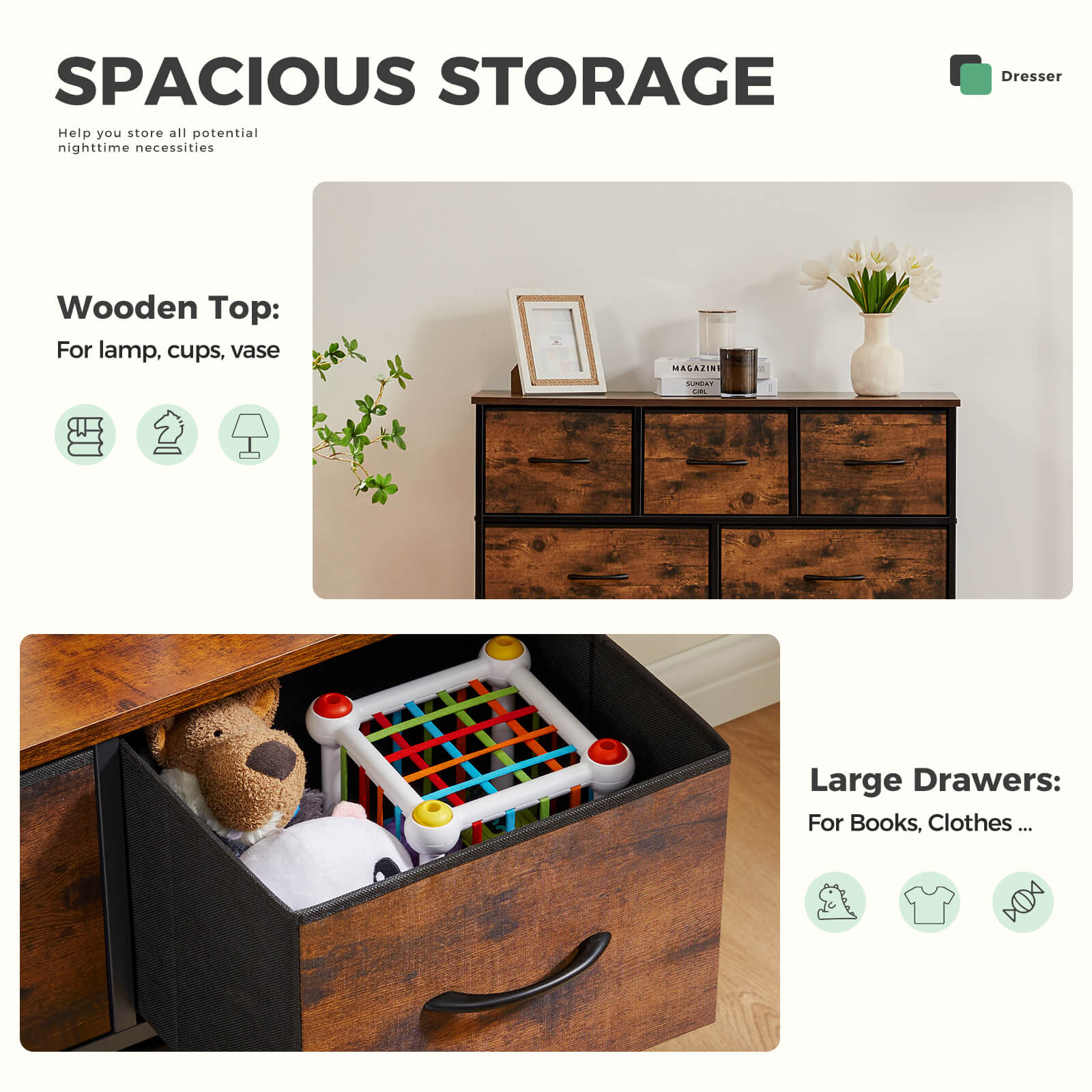 Versatile Wooden Top Dresser with 7 Fabric Drawers for Bedroom and Living Room Storage