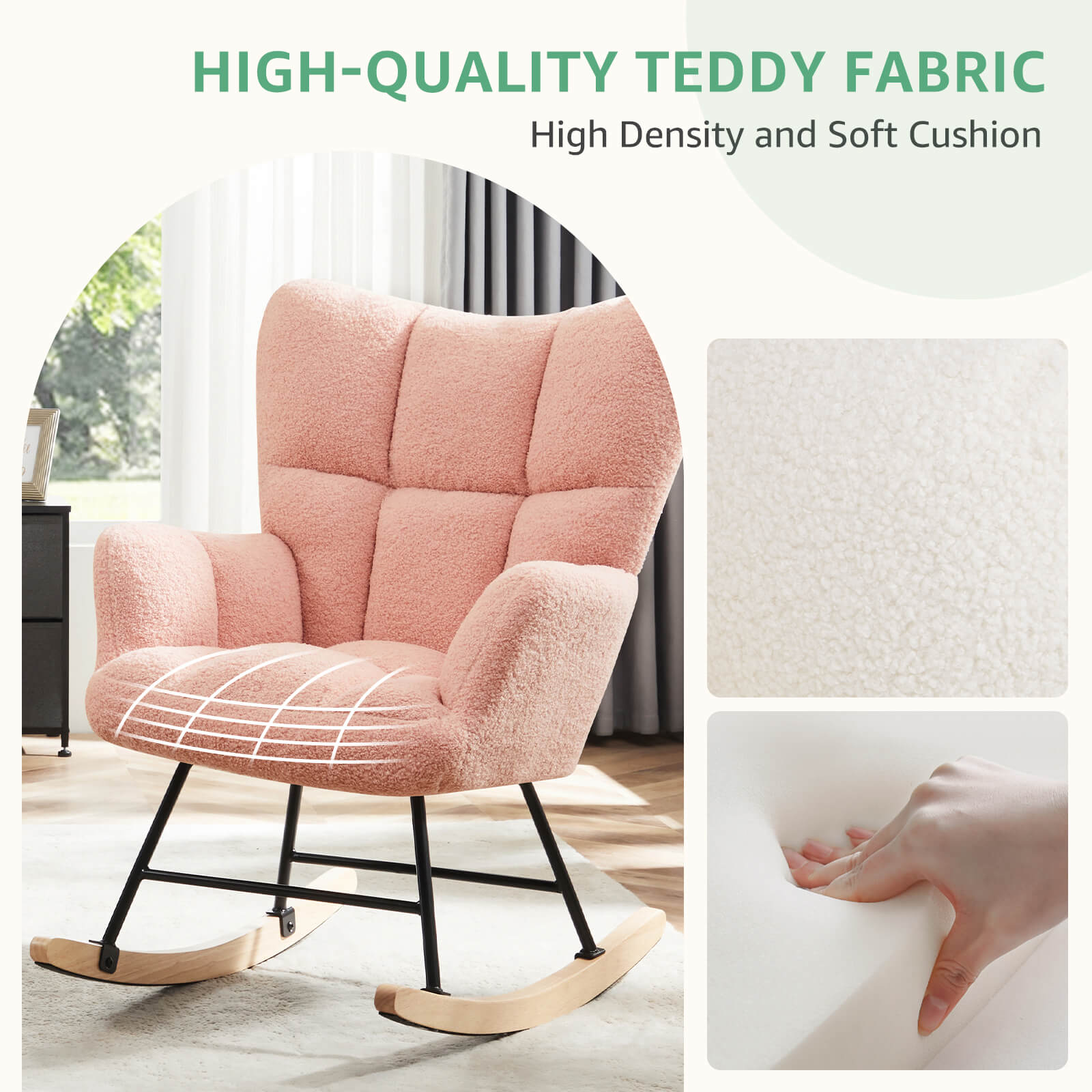 Comfortable Ergonomic Upholstered Rocking Chair for Nursery, Living Room, Baby Feeding