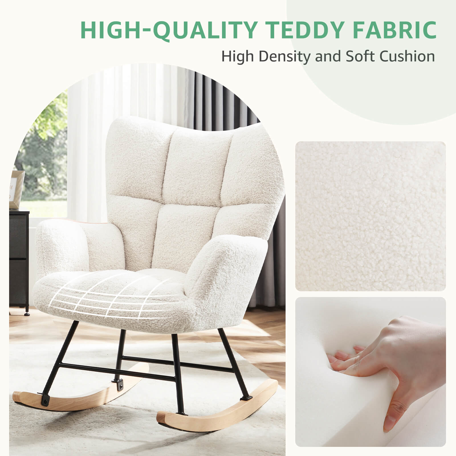 Comfortable Ergonomic Upholstered Rocking Chair for Nursery, Living Room, Baby Feeding