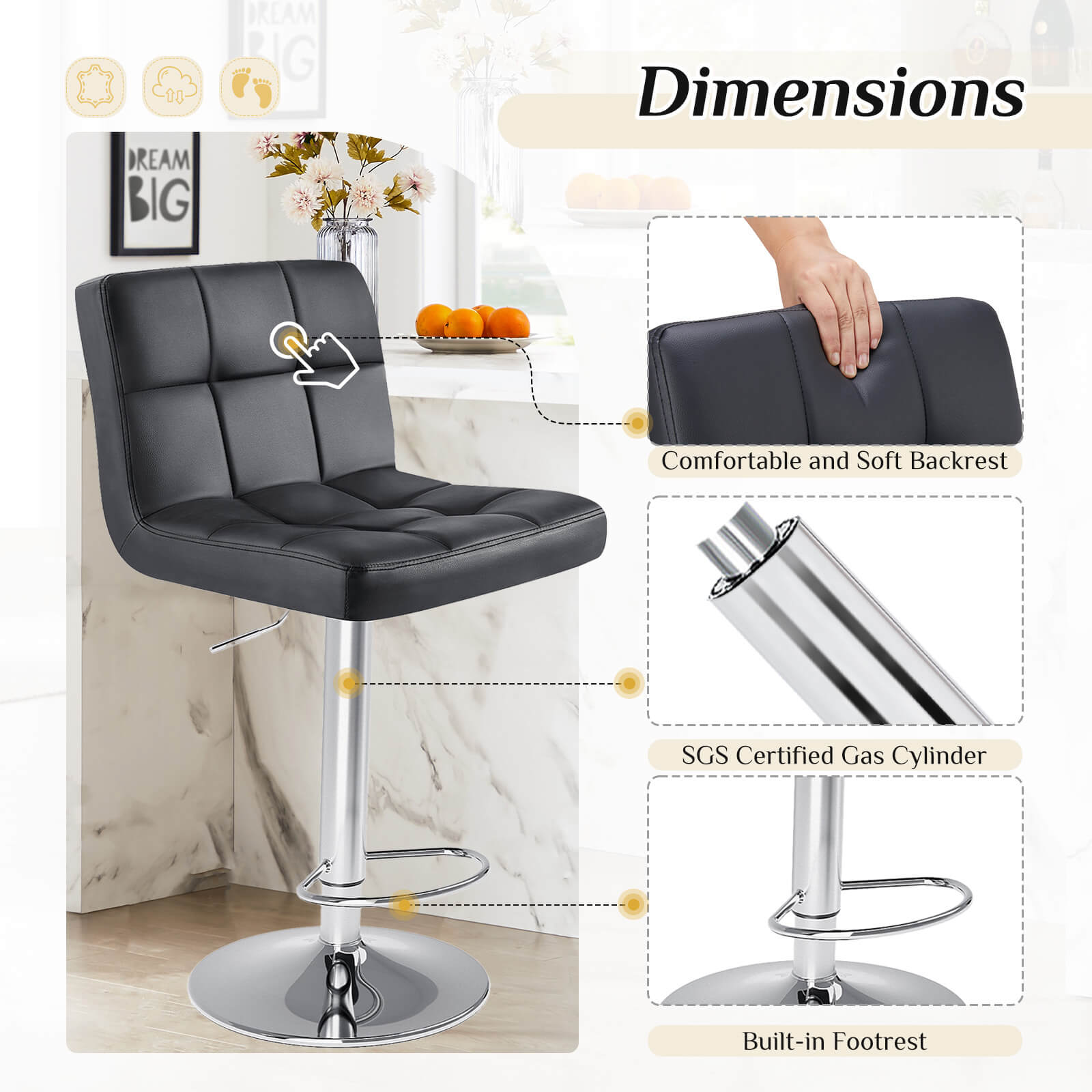 Modern Adjustable Swivel Barstool, Ergonomic PU Leather Counter Height Chair for Kitchen