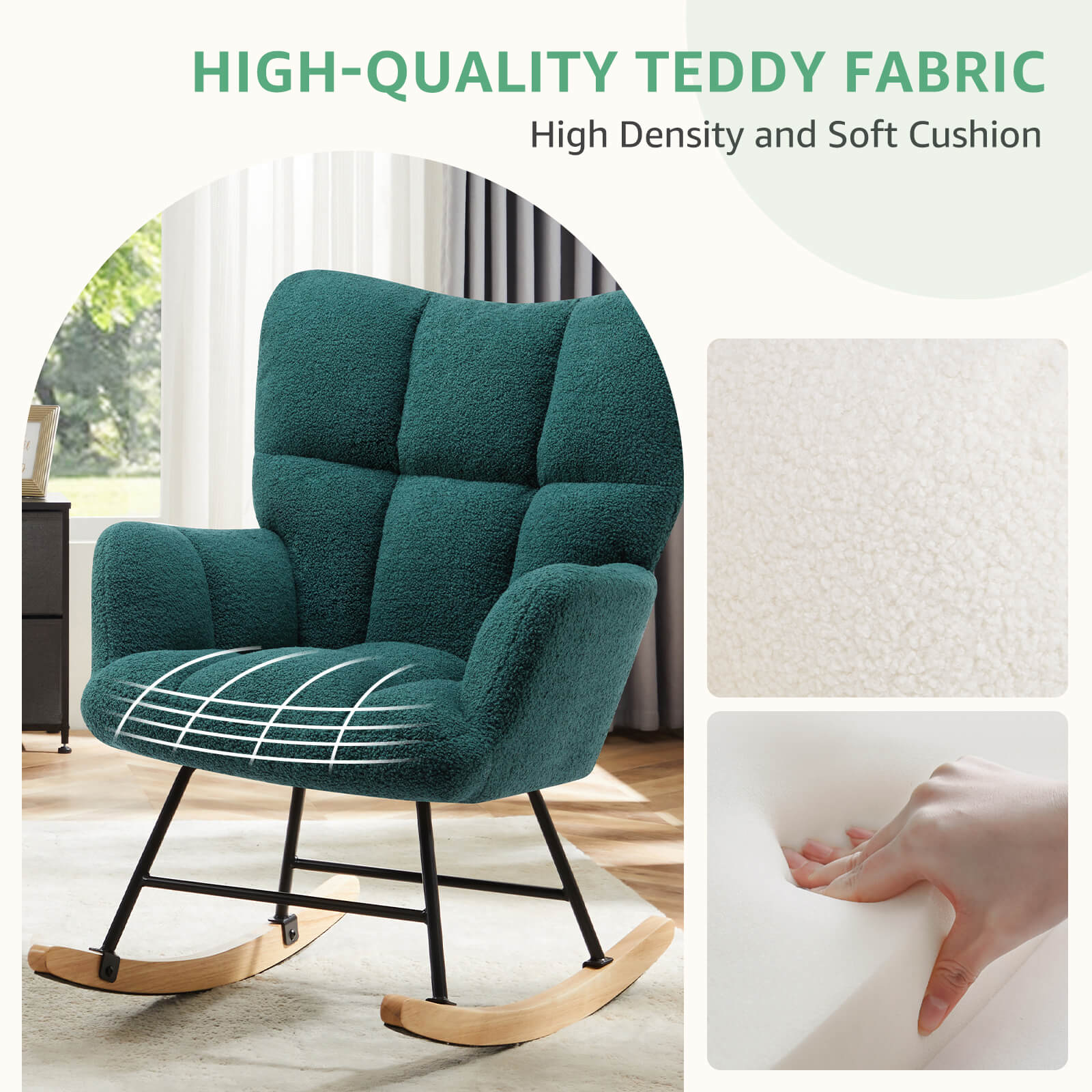 Comfortable Ergonomic Upholstered Rocking Chair for Nursery, Living Room, Baby Feeding