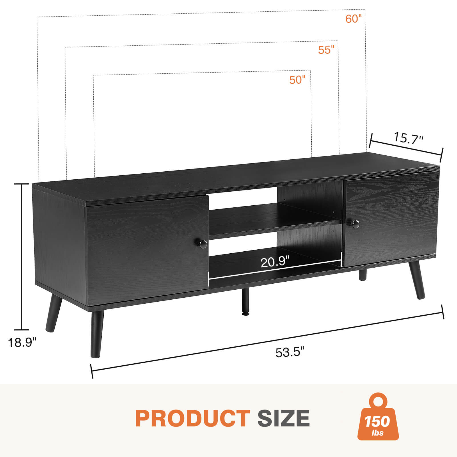 Modern Wooden TV Stand, 60-inch, Adjustable Shelves, Double Storage Cabinets