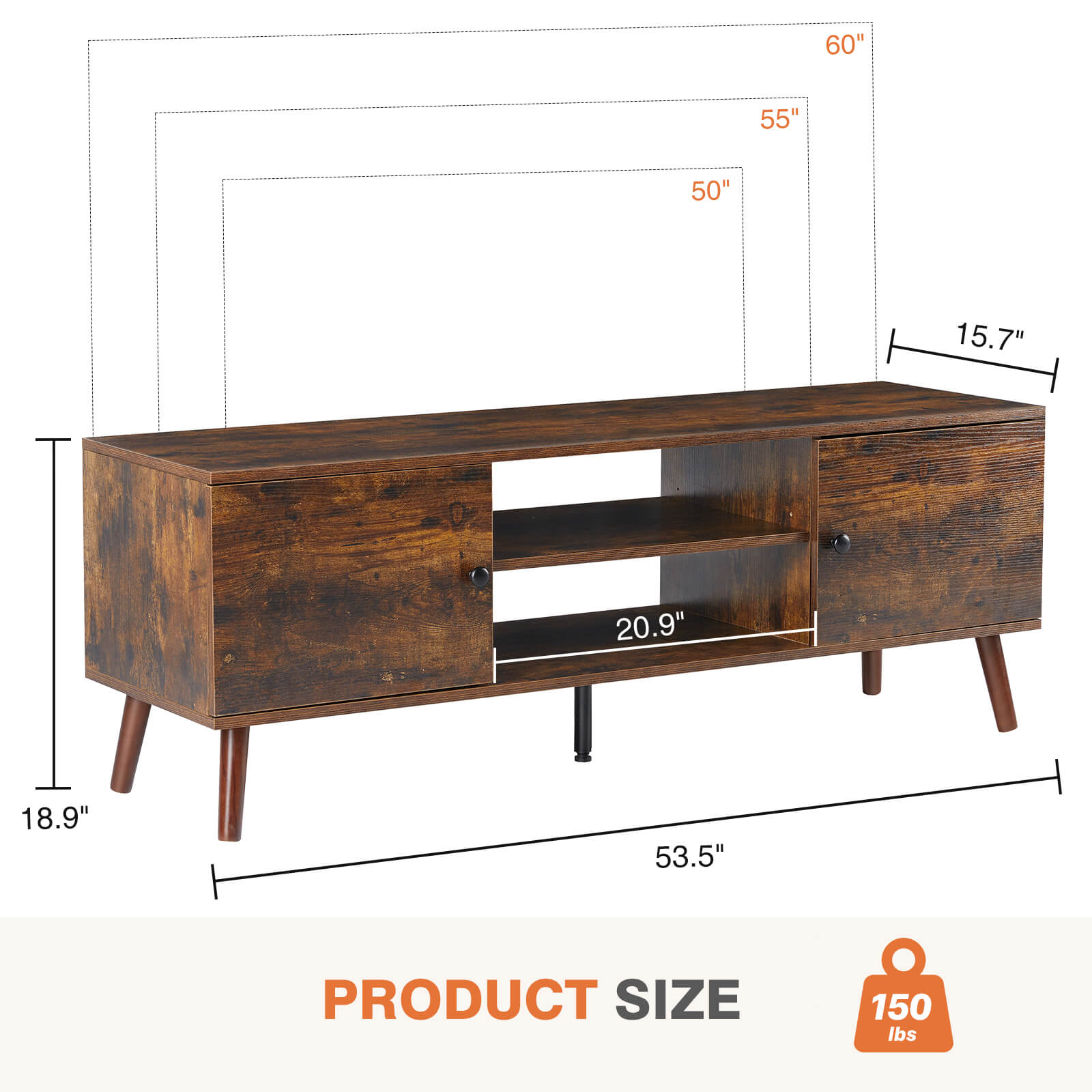 Modern Wooden TV Stand, 60-inch, Adjustable Shelves, Double Storage Cabinets
