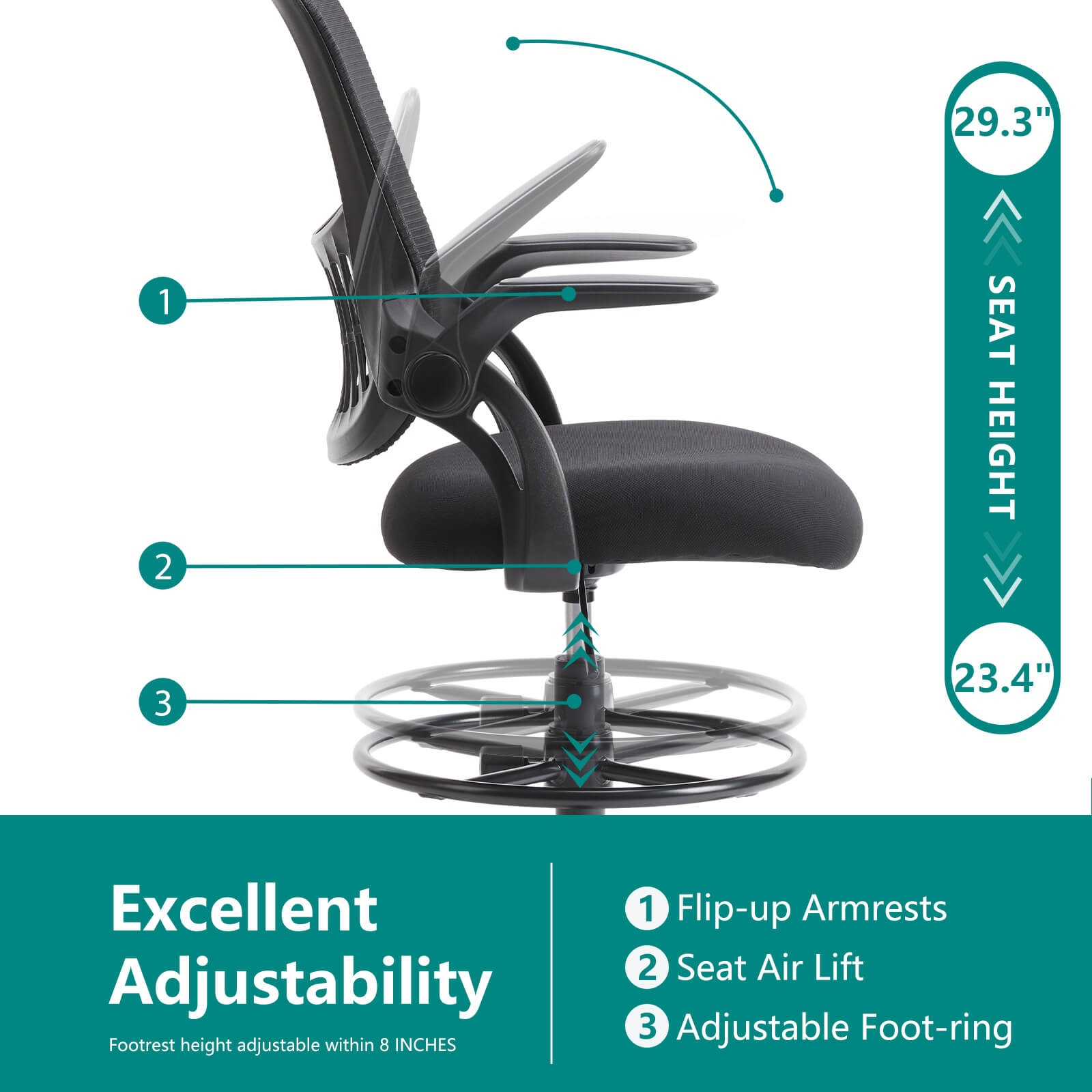 Comfortable Ergonomic Office Chair with Flip-Up Armrests and Adjustable Lumbar Support