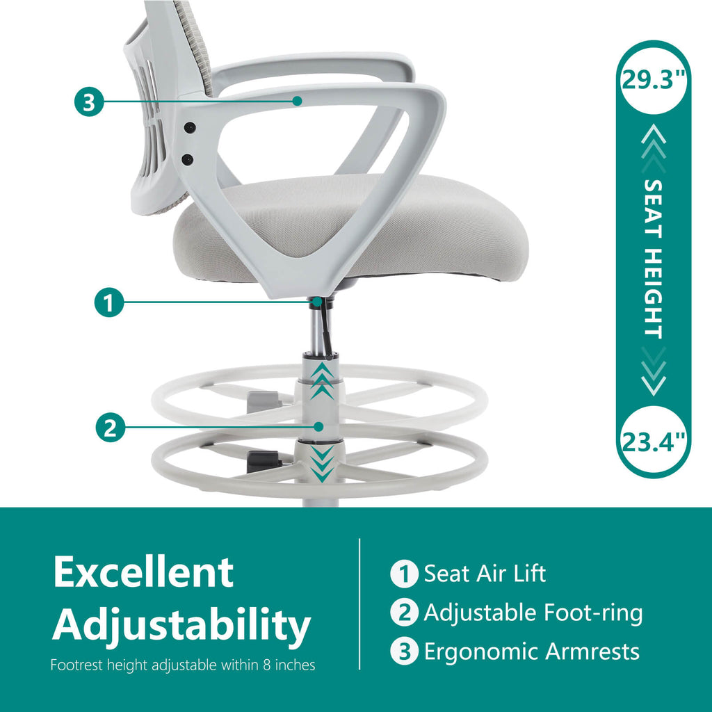 Ergonomic Tall Drafting Office Chair with Adjustable Footrest and Lumbar Support