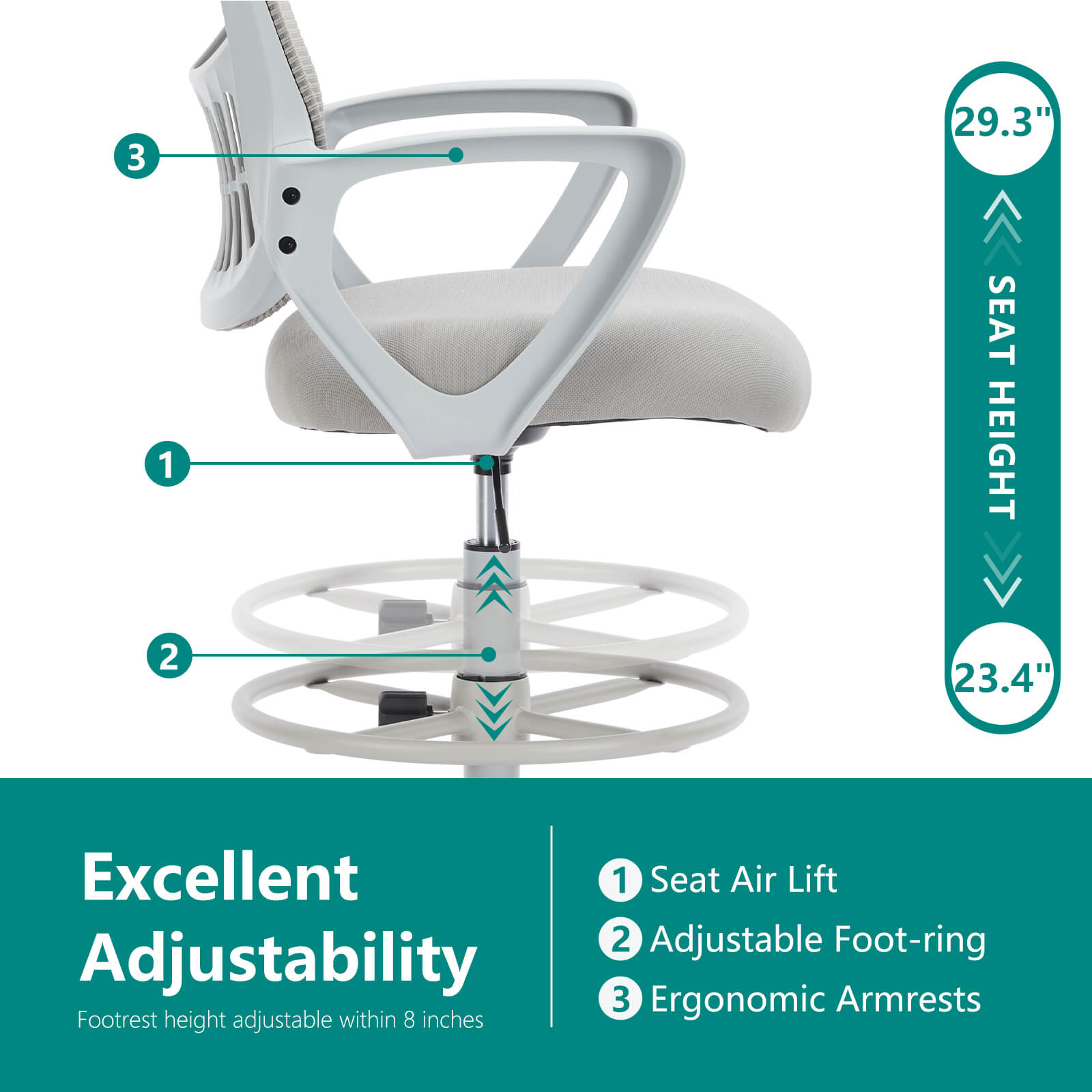 Ergonomic Tall Drafting Office Chair with Adjustable Footrest and Lumbar Support