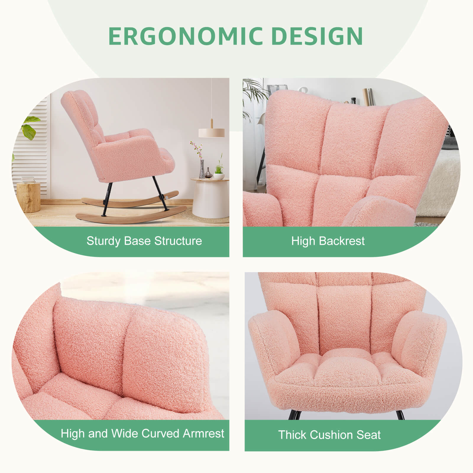 Comfortable Ergonomic Upholstered Rocking Chair for Nursery, Living Room, Baby Feeding
