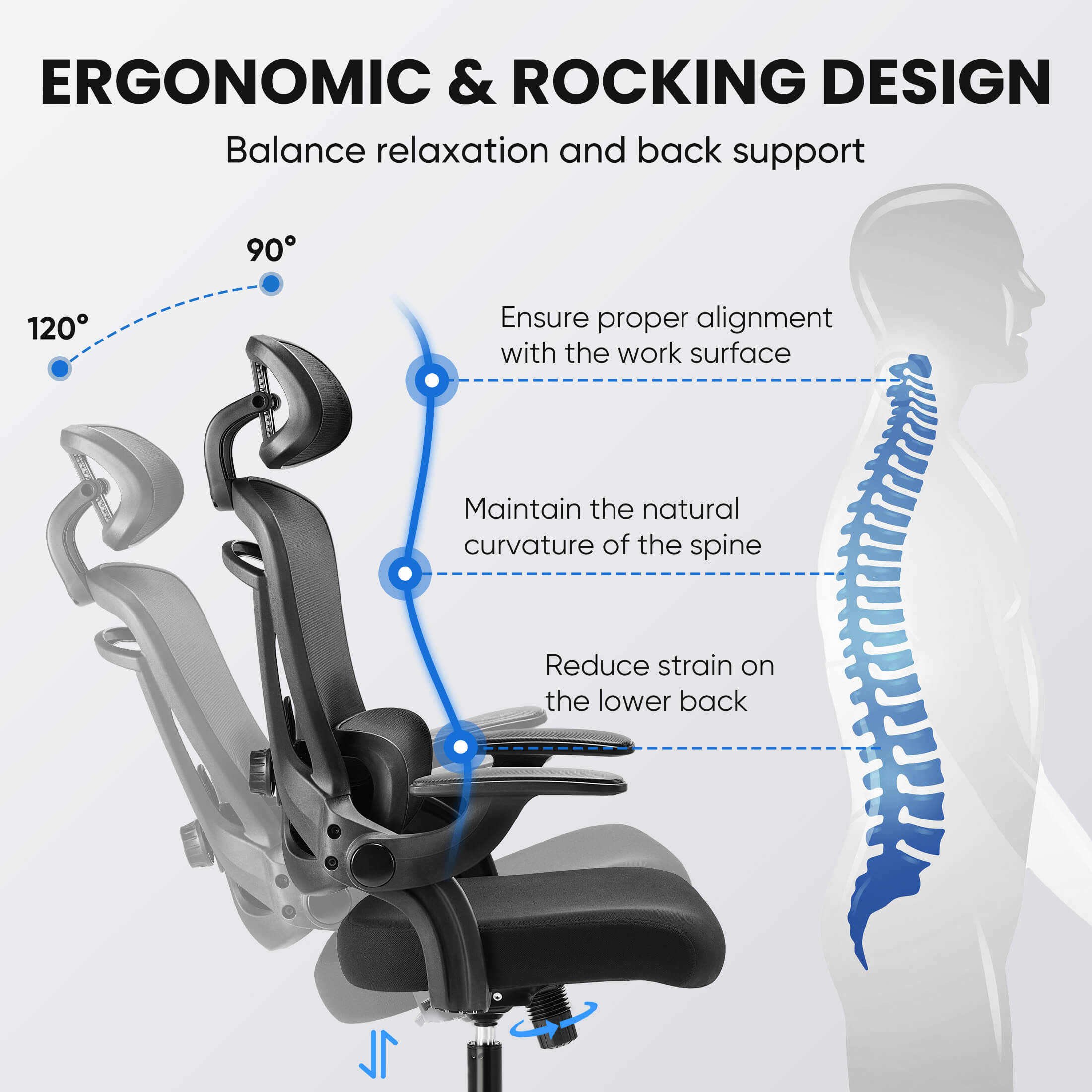 Ergonomic Office Chair with Adjustable Lumbar Support, Flip-Up Armrests, Breathable Mesh