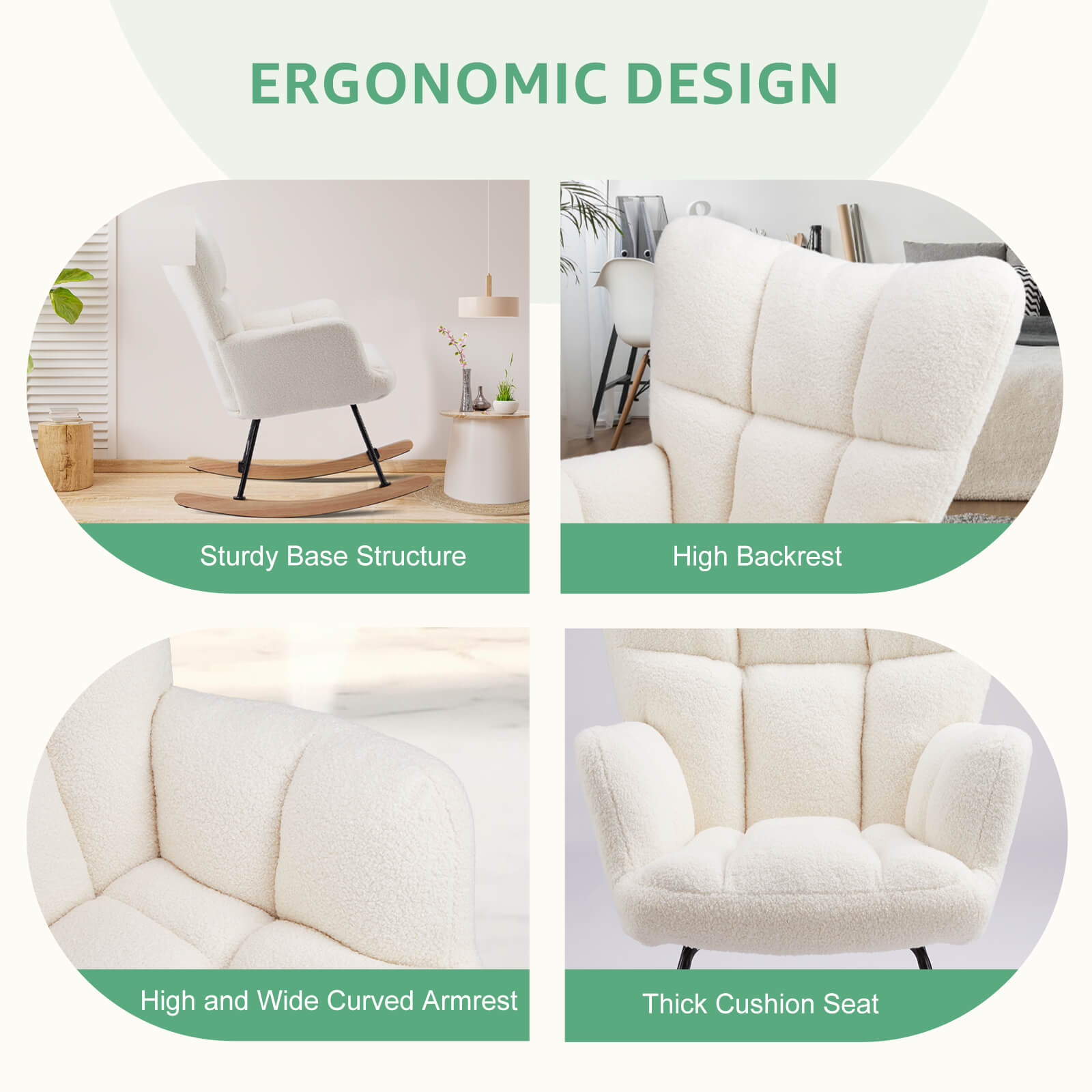 Comfortable Ergonomic Upholstered Rocking Chair for Nursery, Living Room, Baby Feeding