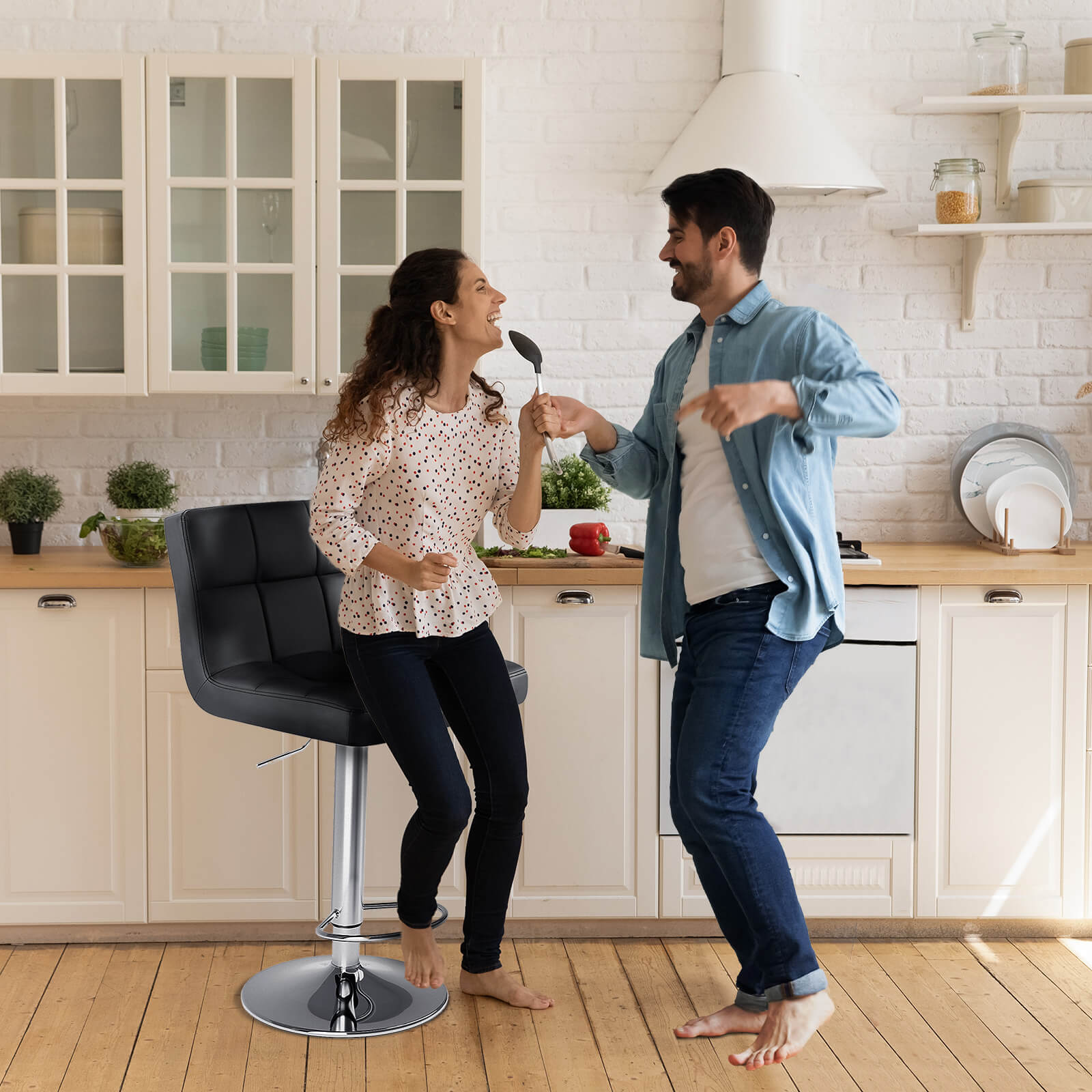 Modern Adjustable Swivel Barstool, Ergonomic PU Leather Counter Height Chair for Kitchen