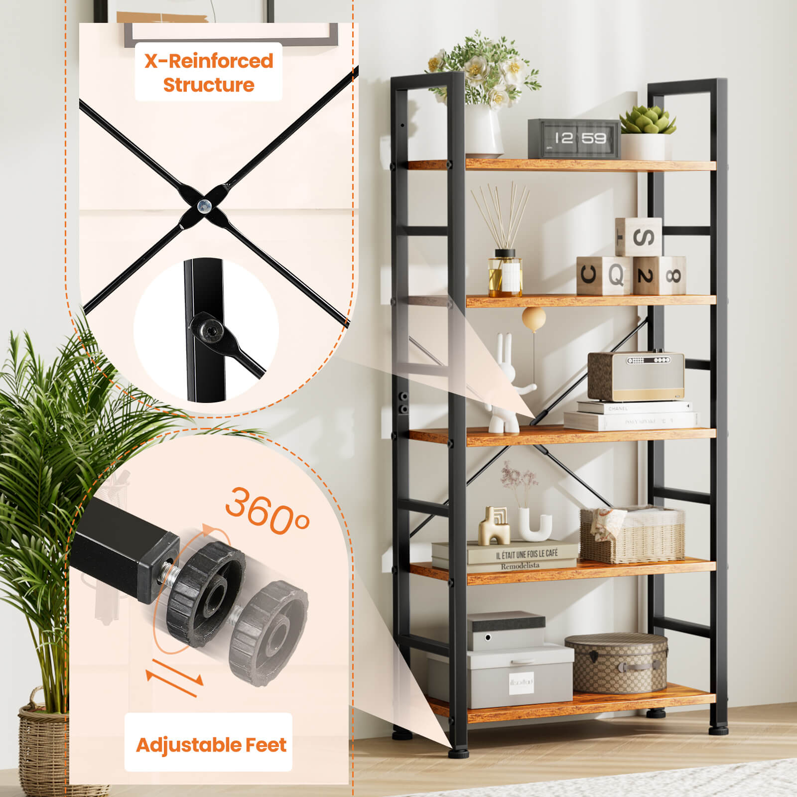 Versatile 5-Tier Bookshelf, Durable Metal Frame, Open Shelves, Modern Minimalist Design