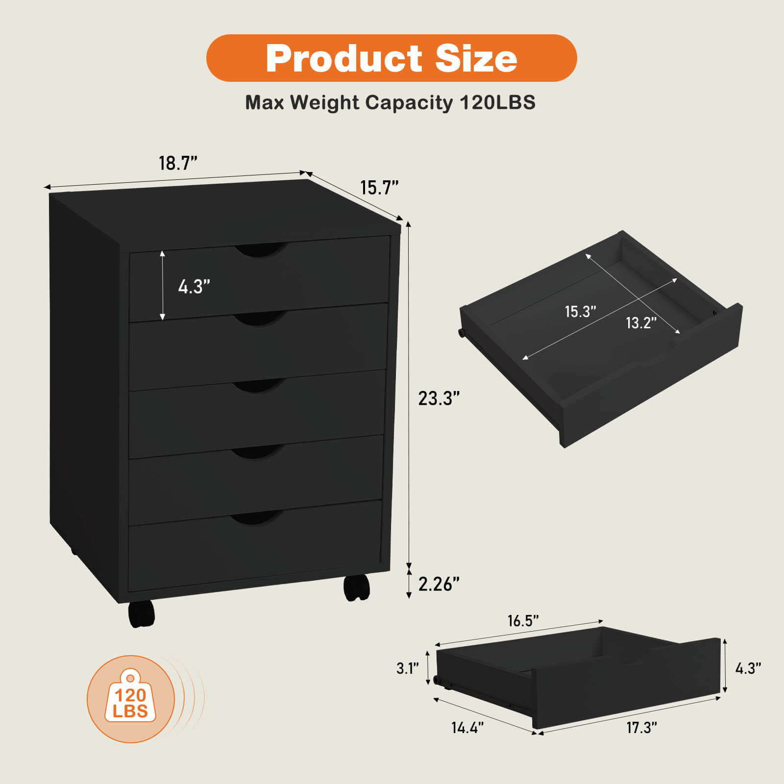 Versatile 5-Drawer Chest with Wheels for Office and Living Room