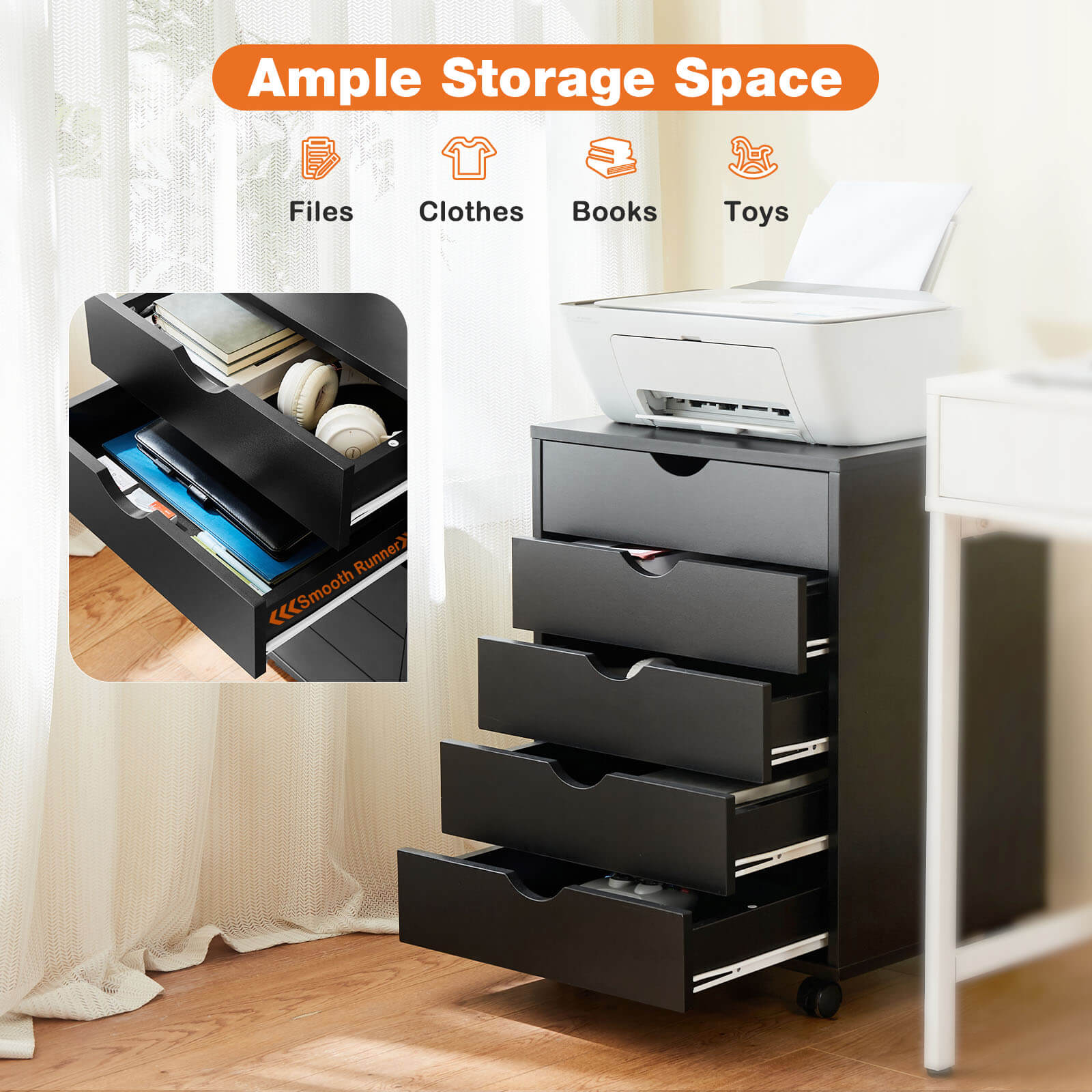 Versatile 5-Drawer Chest with Wheels for Office and Living Room