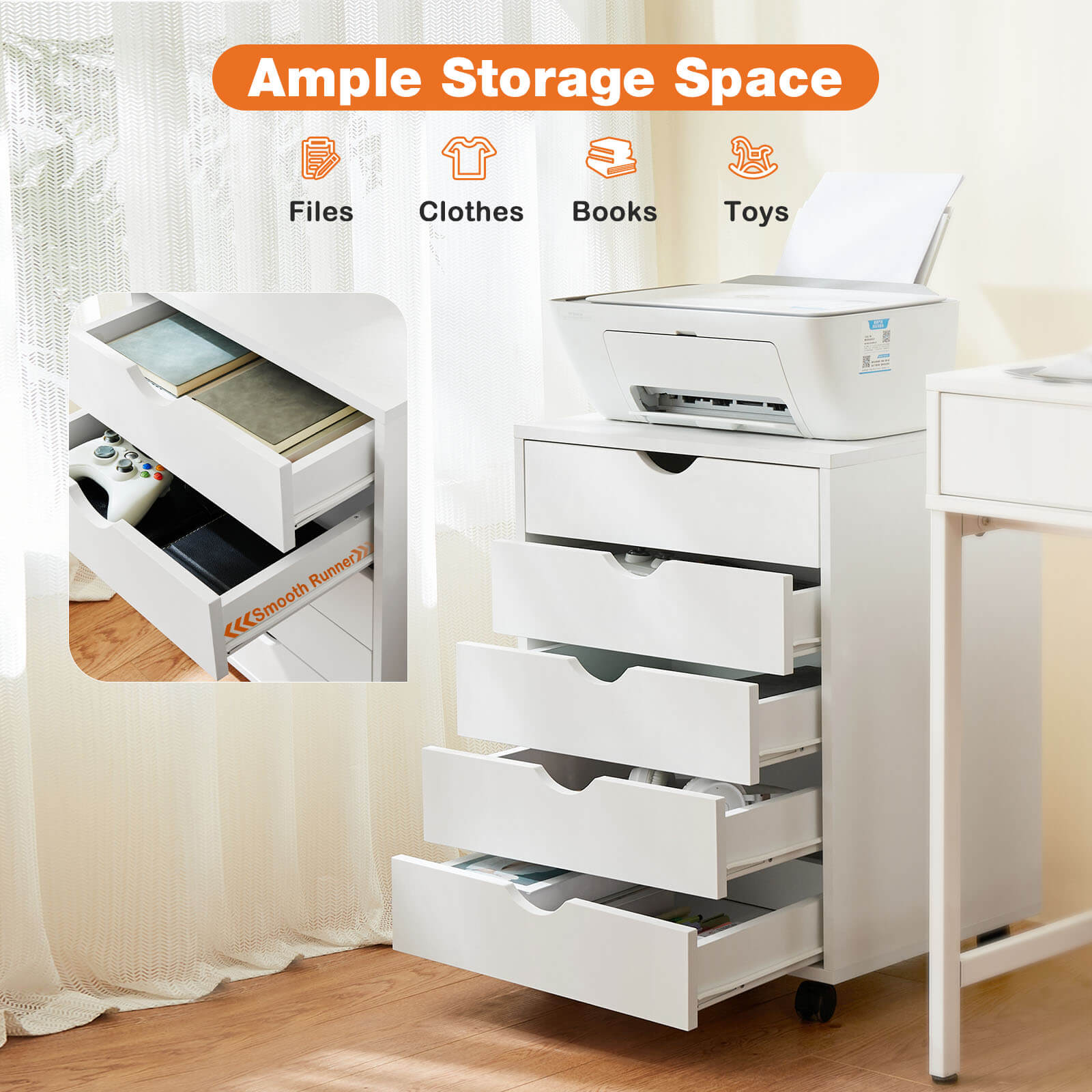 Versatile 5-Drawer Chest with Wheels for Office and Living Room