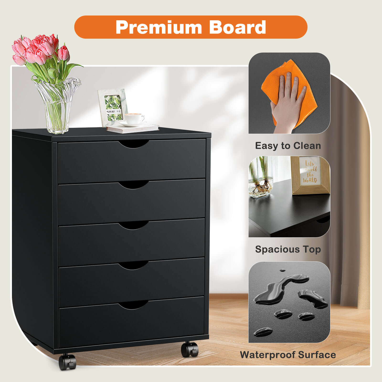 Versatile 5-Drawer Chest with Wheels for Office and Living Room
