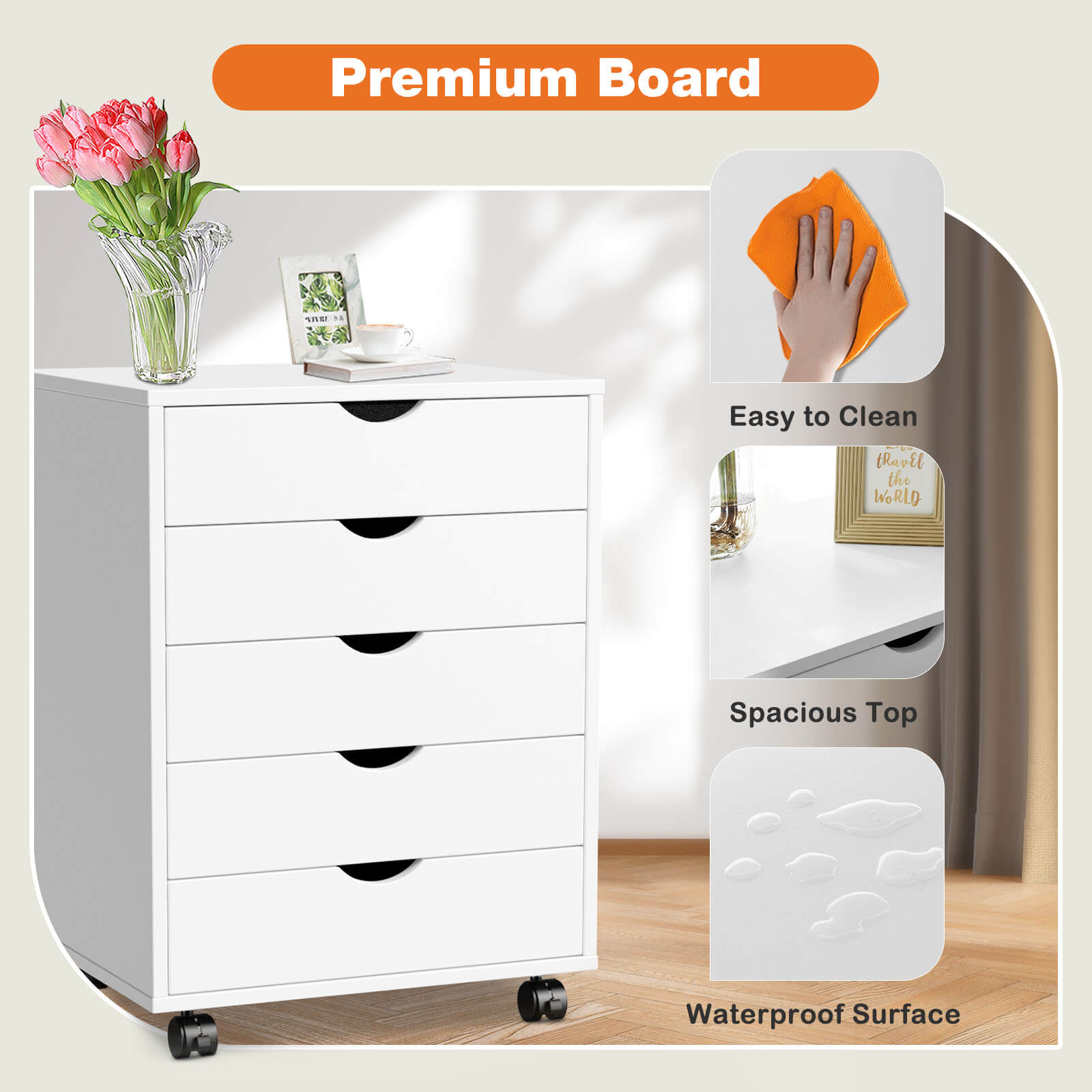 Versatile 5-Drawer Chest with Wheels for Office and Living Room