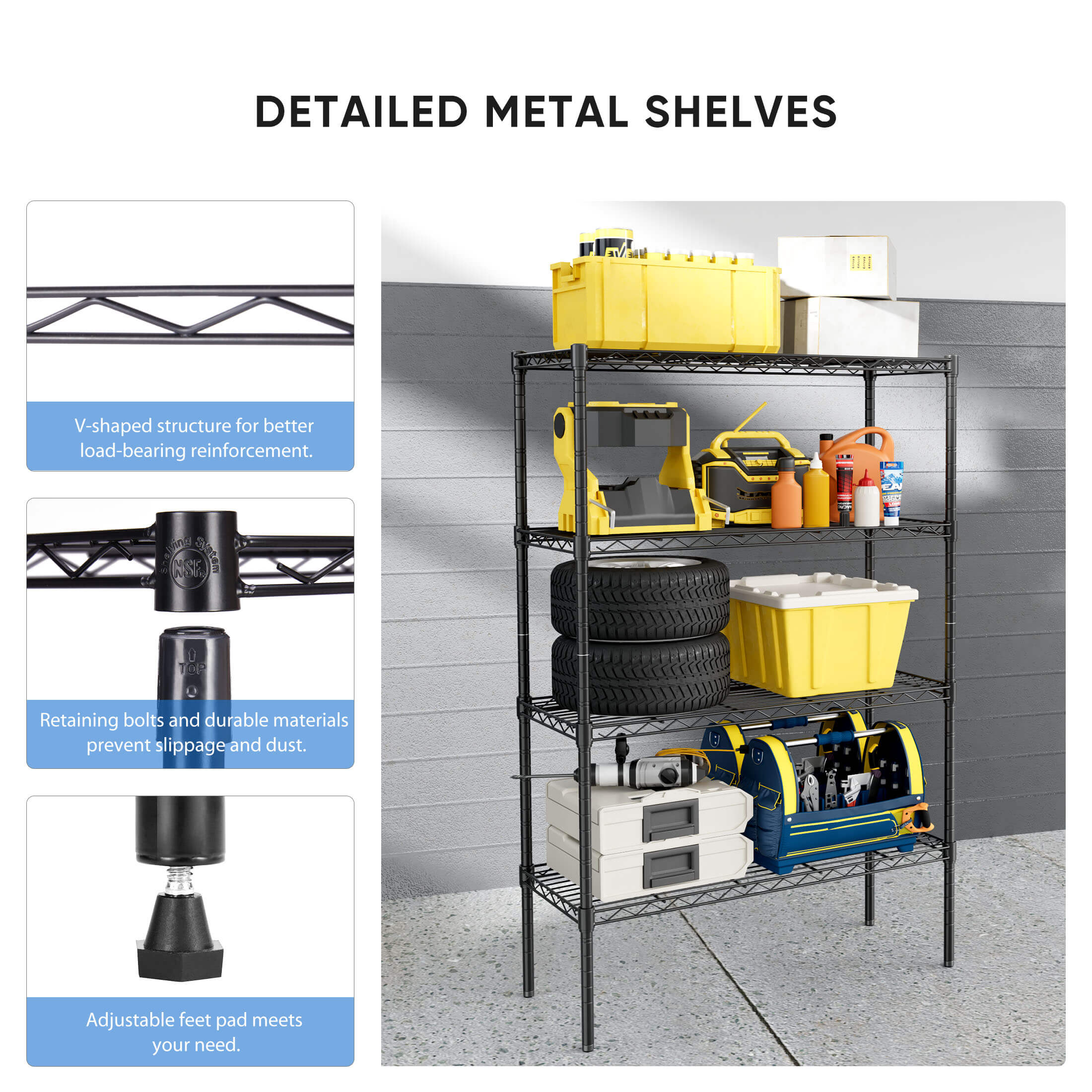 Durable Metal Heavy Duty 4-Tier Adjustable Storage Shelf for Kitchen Pantry Garage