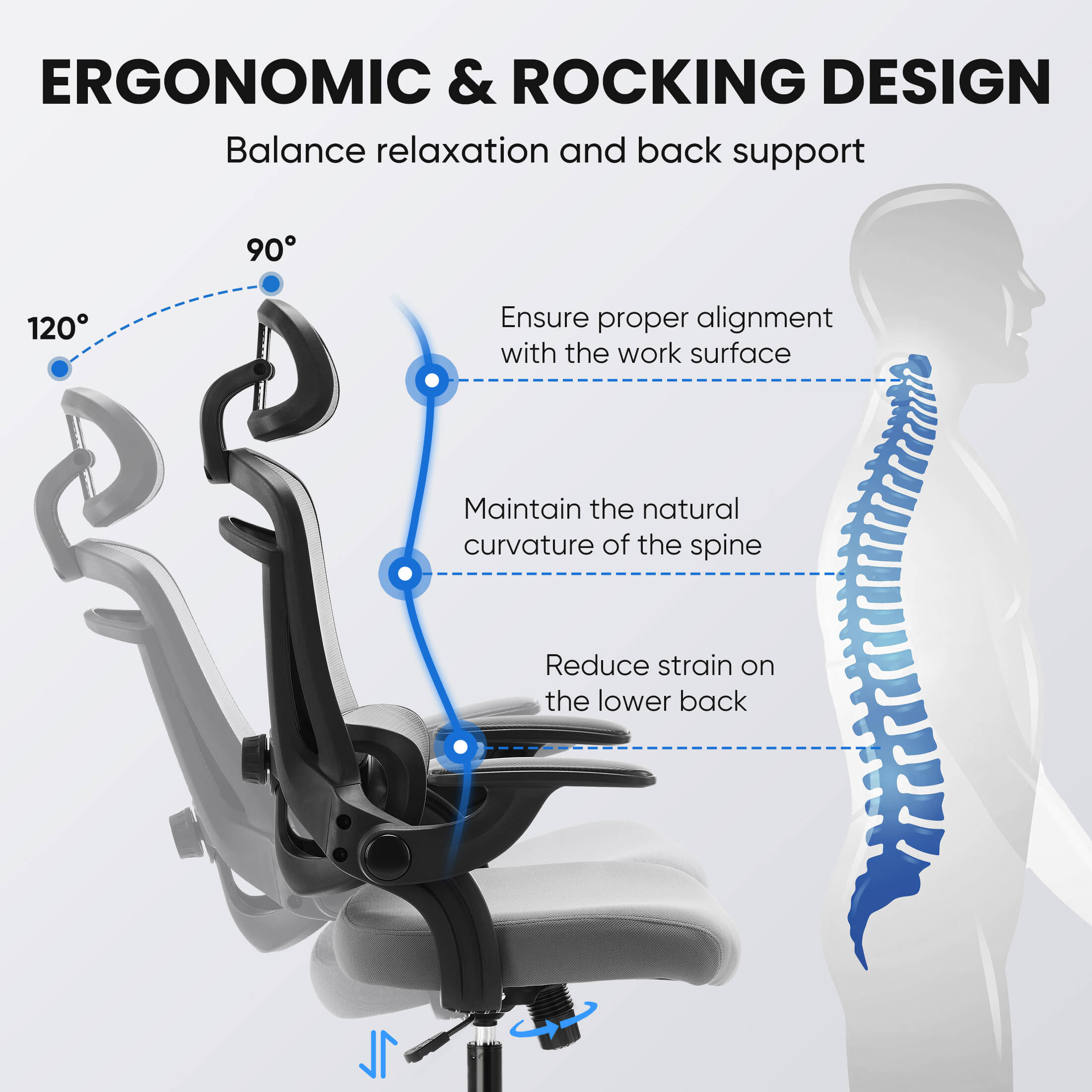 Ergonomic Office Chair with Adjustable Lumbar Support, Flip-Up Armrests, Breathable Mesh