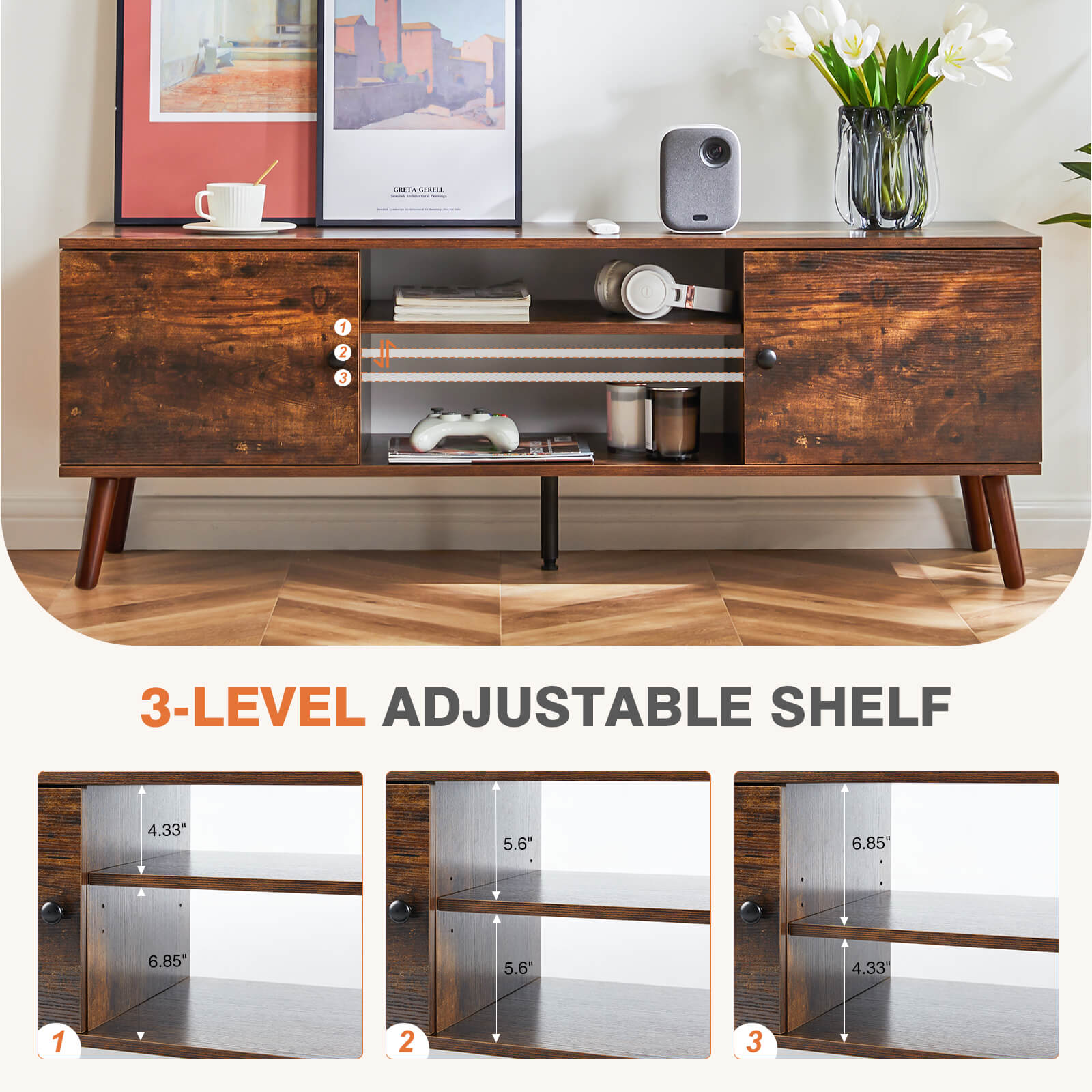 Modern Wooden TV Stand, 60-inch, Adjustable Shelves, Double Storage Cabinets