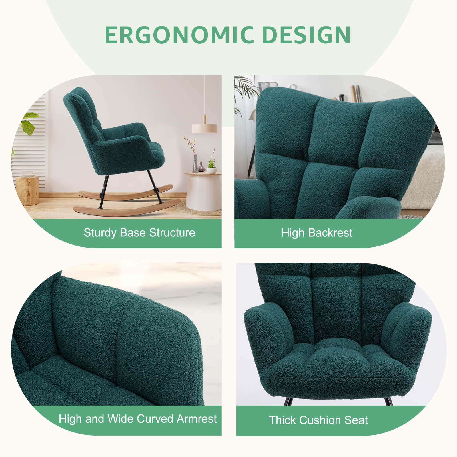 Comfortable Ergonomic Upholstered Rocking Chair for Nursery, Living Room, Baby Feeding