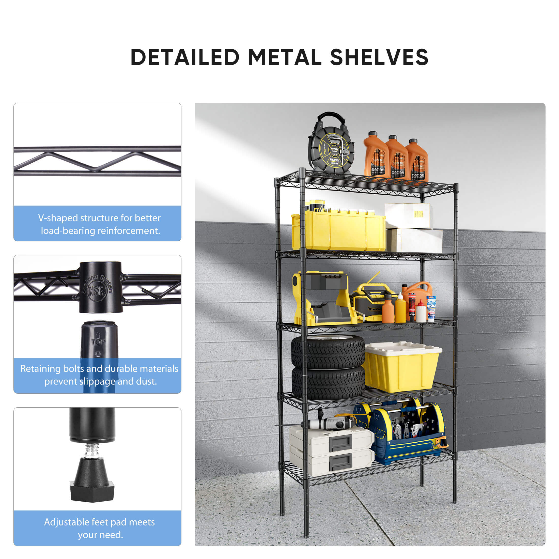 Durable Metal Heavy Duty 4-Tier Adjustable Storage Shelf for Kitchen Pantry Garage
