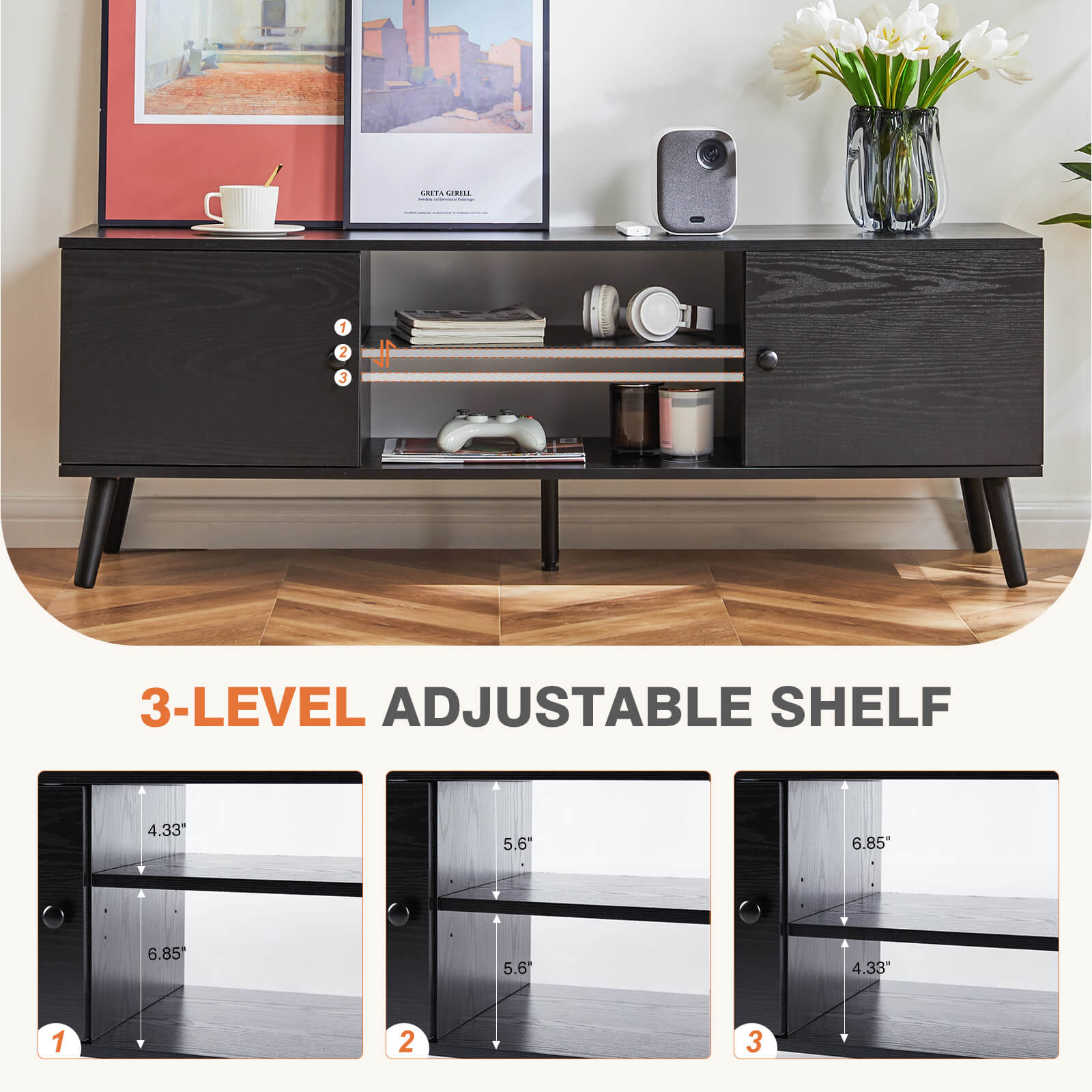 Modern Wooden TV Stand, 60-inch, Adjustable Shelves, Double Storage Cabinets