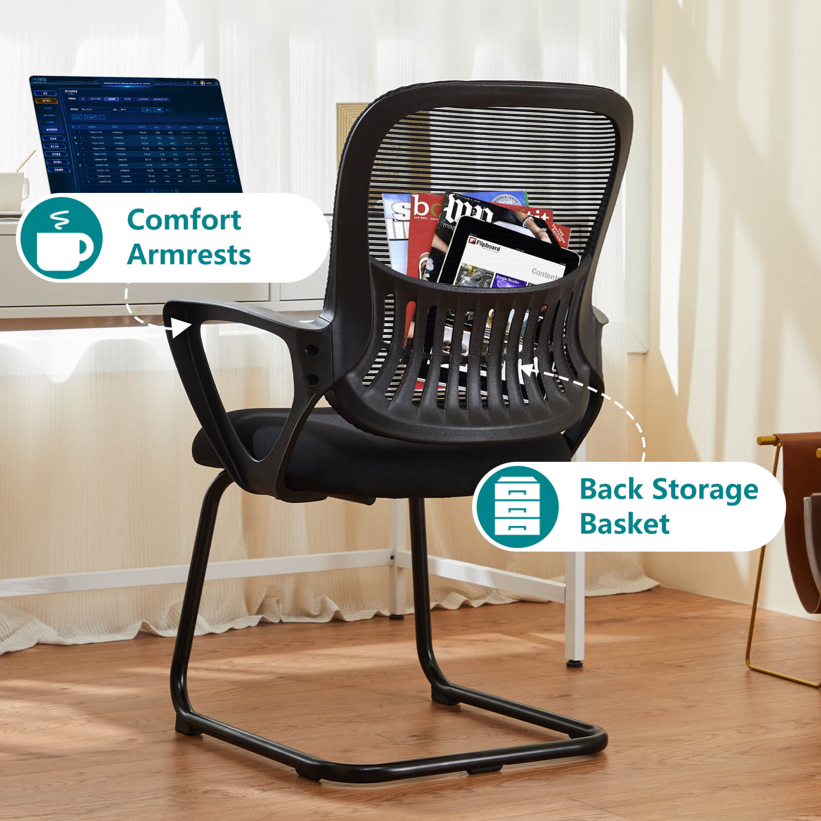 Comfortable Ergonomic Mesh Office Chair with Lumbar Support and Integrated Storage Basket