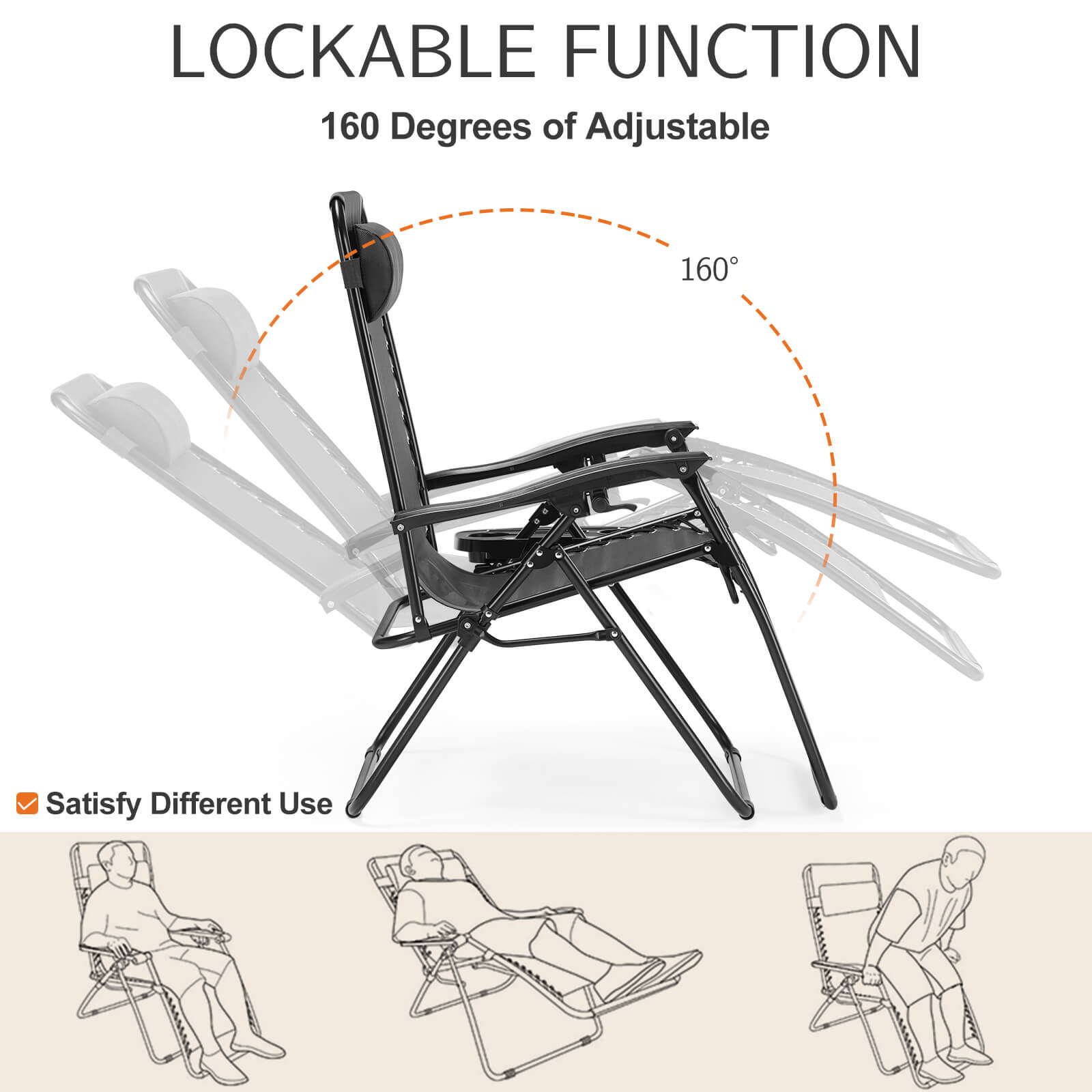 Ergonomic Portable Camping Lounge Chair Set of 2 with Detachable Tray